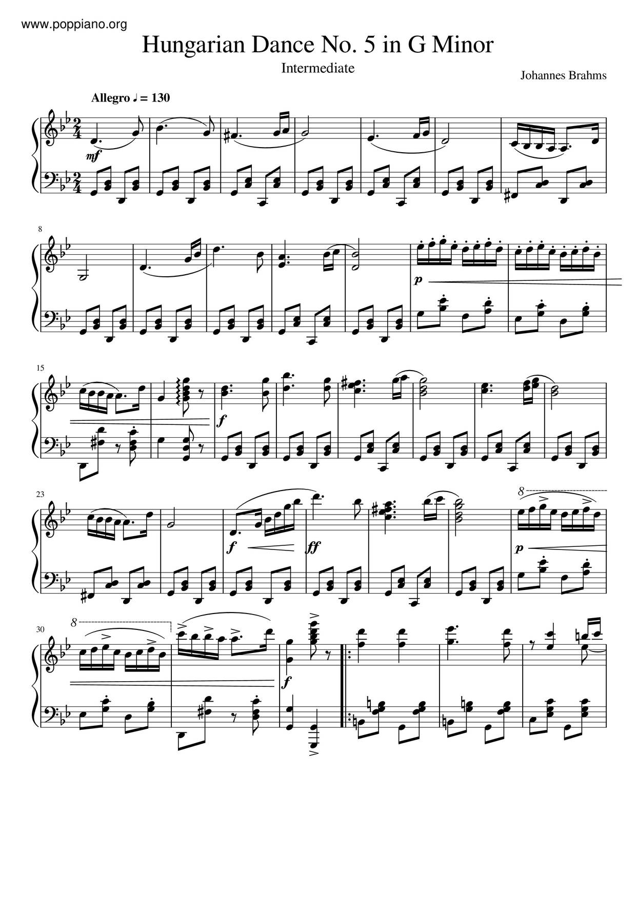 Hungarian Dance No. 5 in G Minor Score