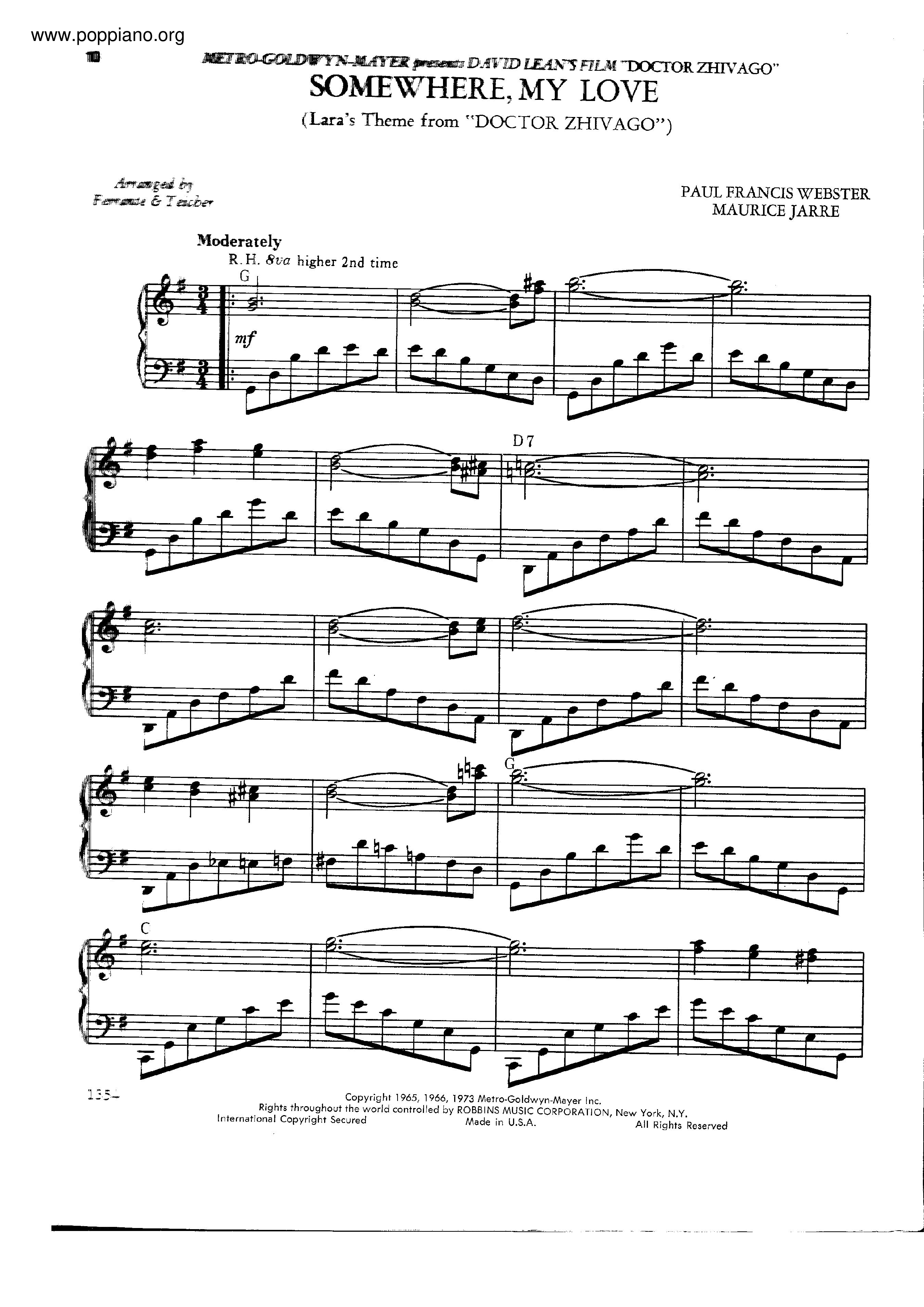 Somewhere, My Love Score