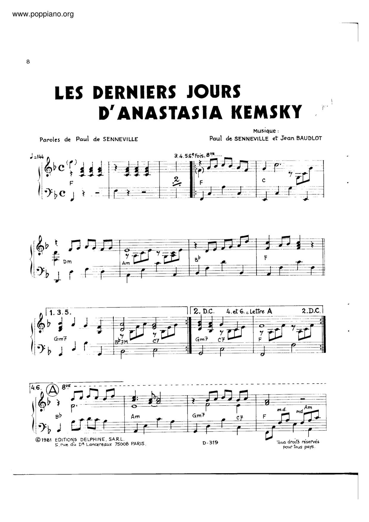 Les Derniers Jours D'Anastasia Kemskyピアノ譜