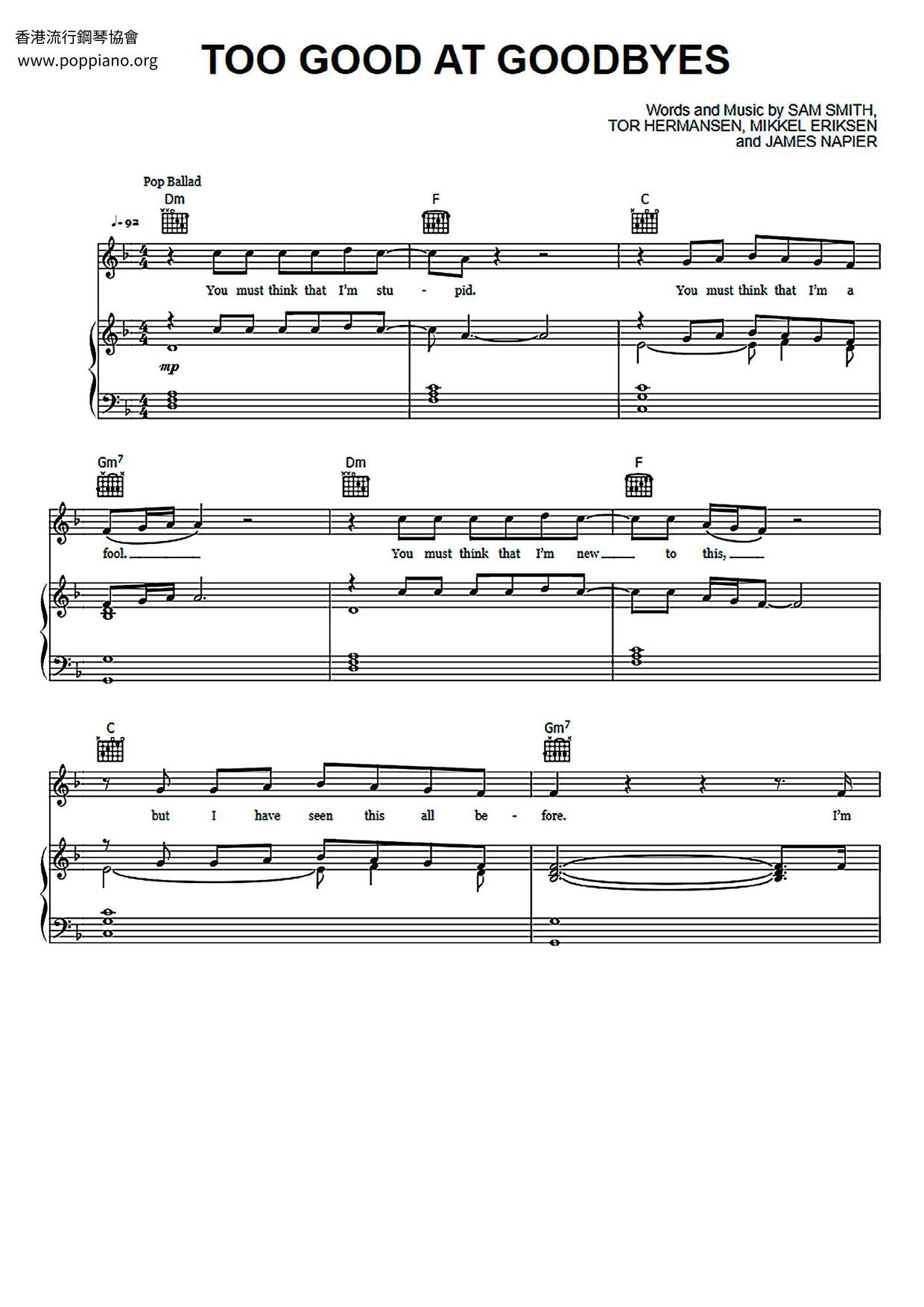 Sam Smith Too Good At Goodbyes Sheet Music Pdf Free Score Download ★