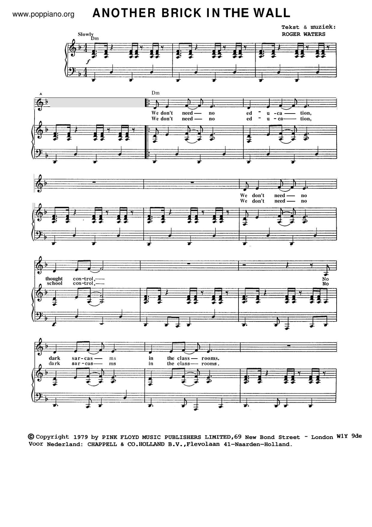 Another Brick In The Wall sheet music for trumpet solo (PDF)