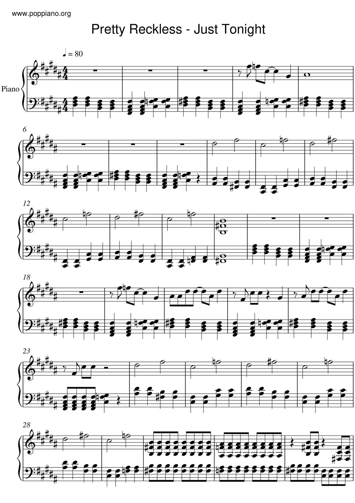☆ Pretty Reckless-Just Tonight Sheet Music Pdf, - Free Score.