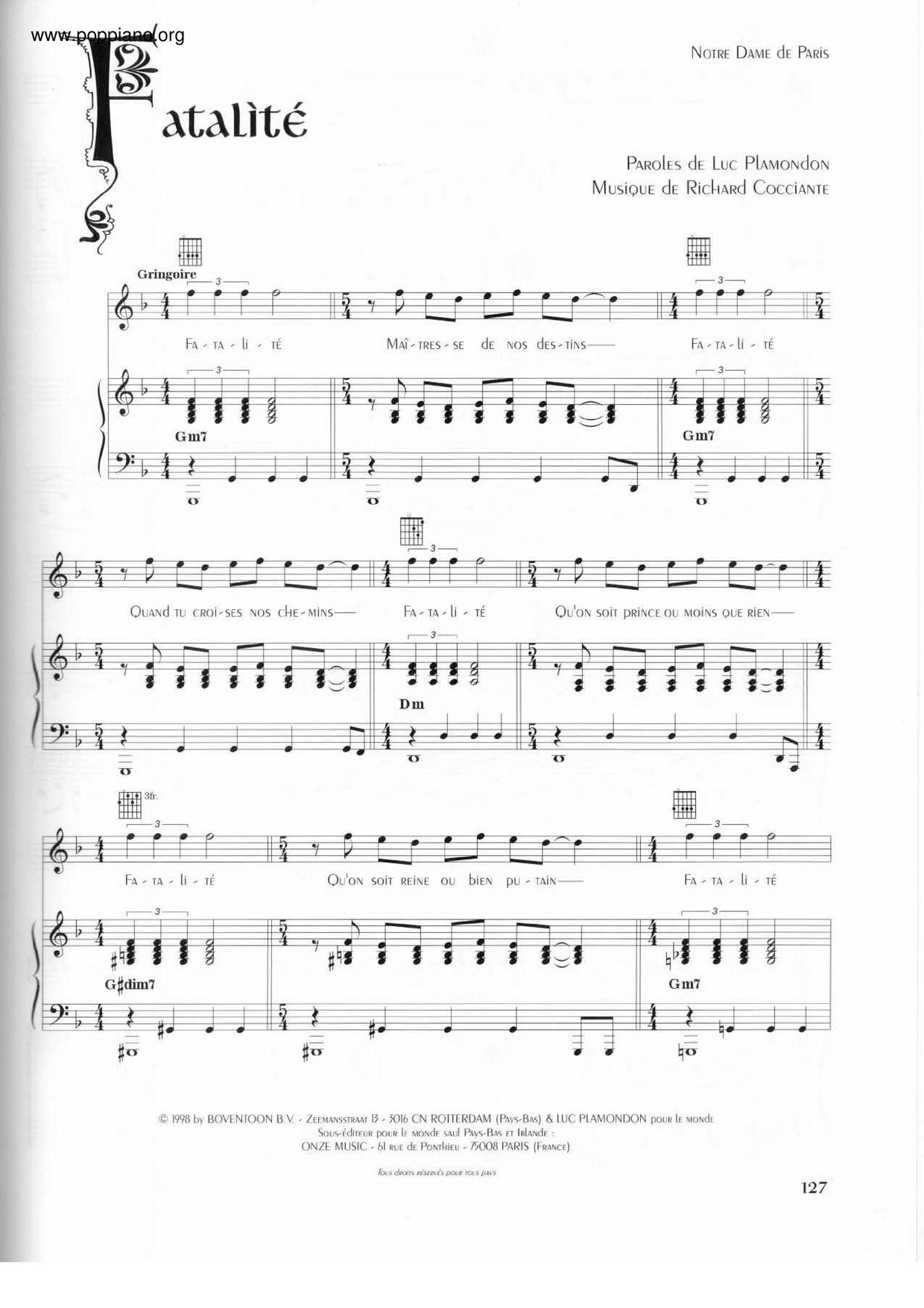 Fatalité (Notre Dame De Paris) Score