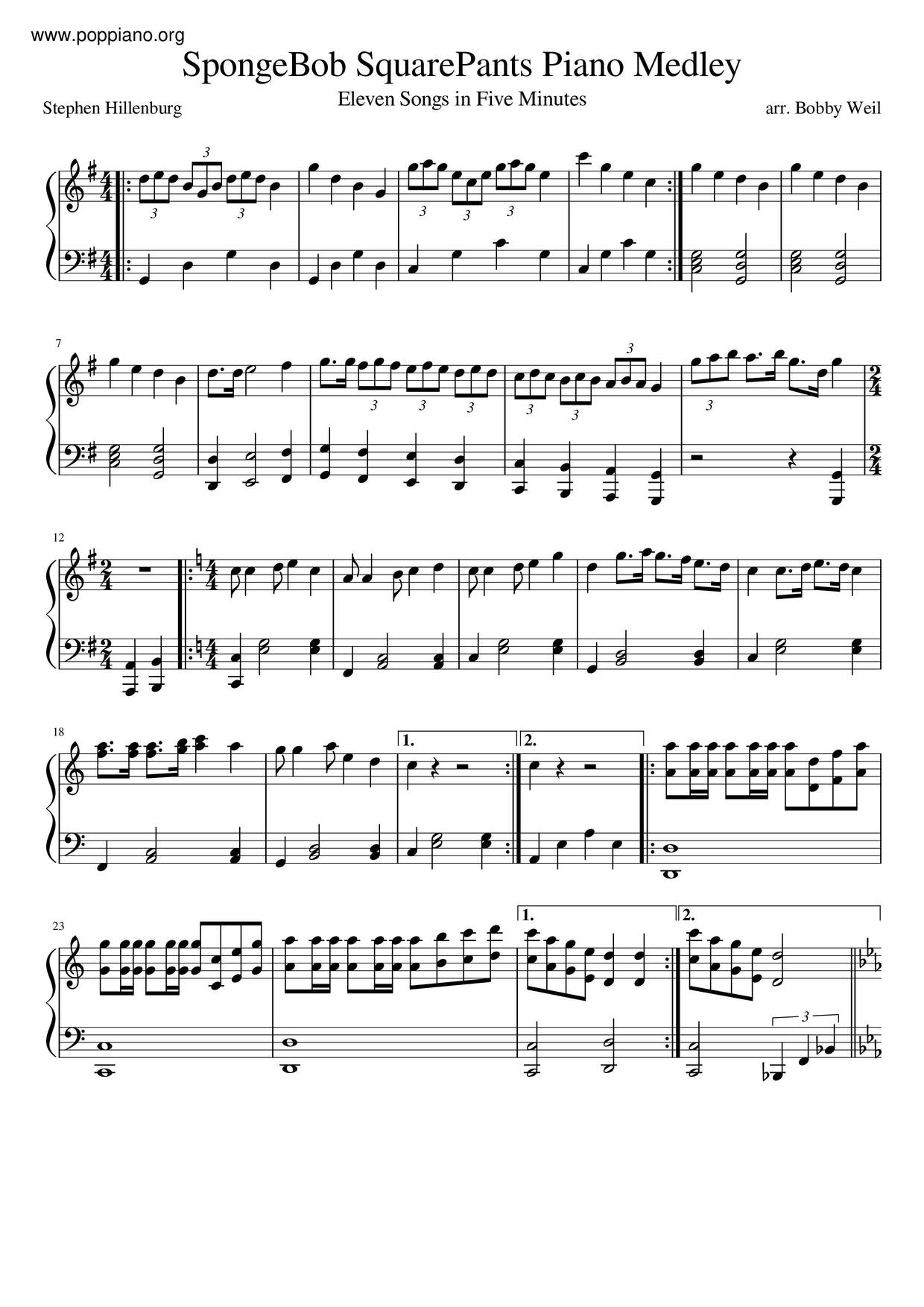 Spongebob Squarepants Piano Medley Score