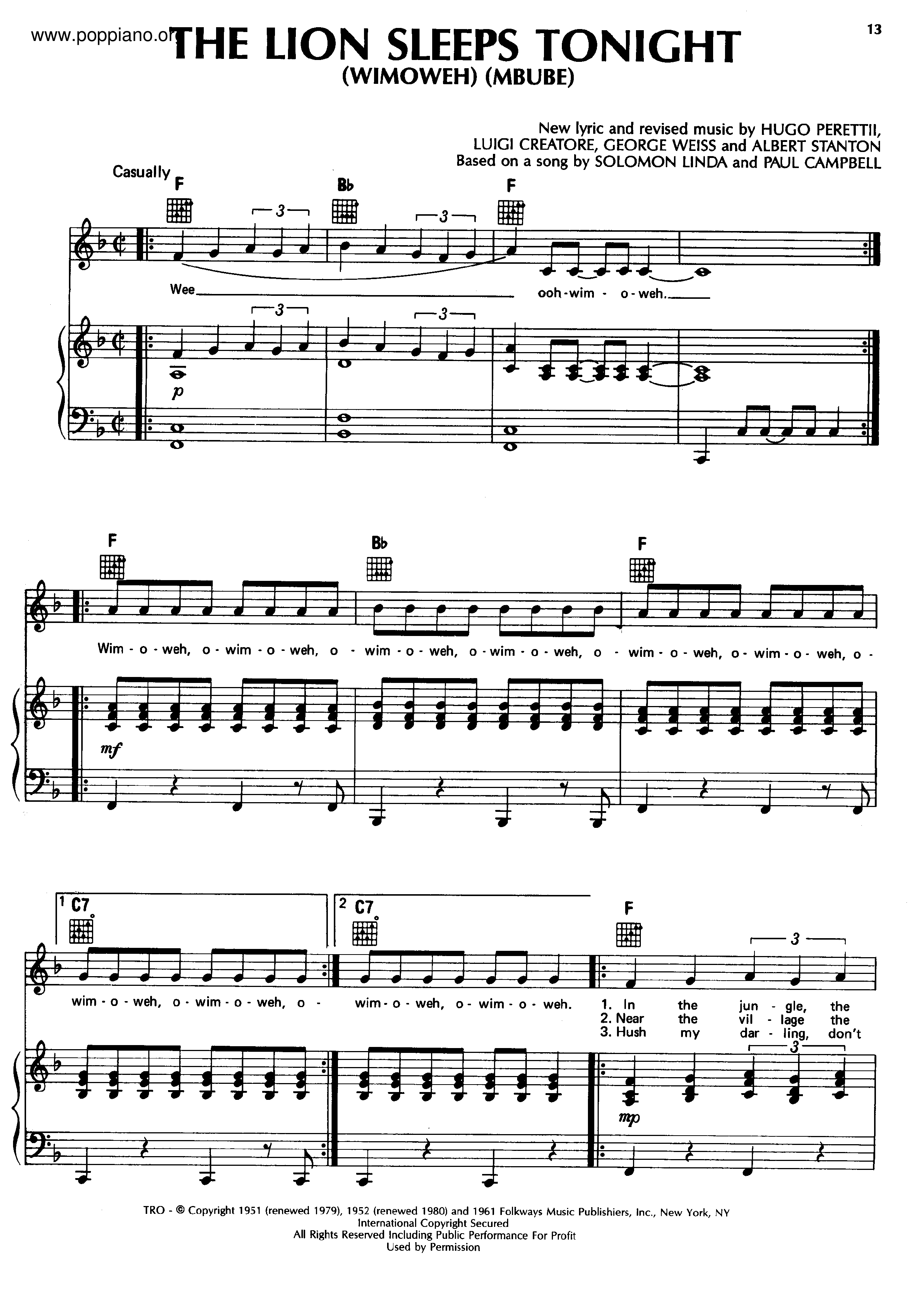 The Lion Sleeps Tonight Score