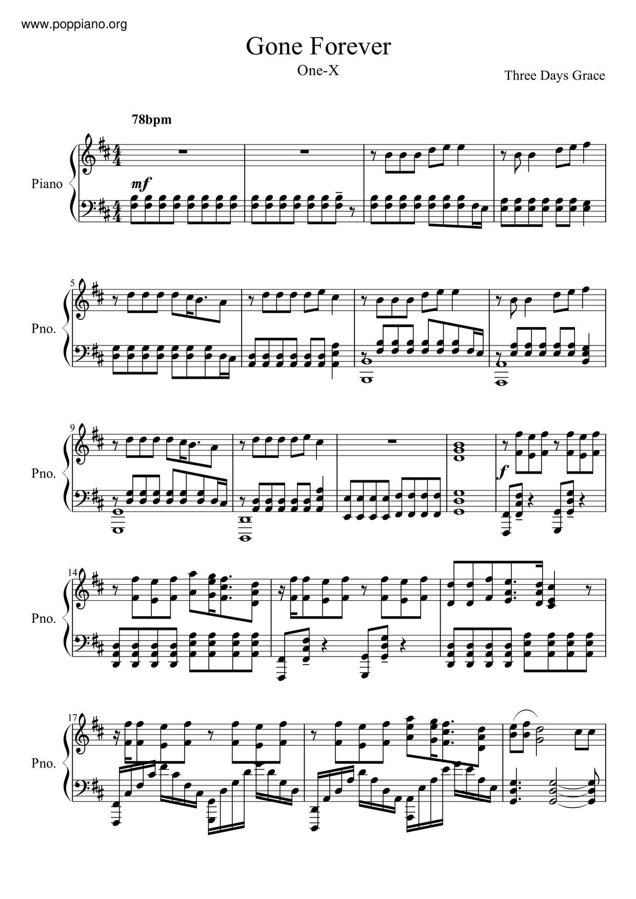 Three Days Grace-Gone Forever Sheet Music Pdf, - Free Score Download