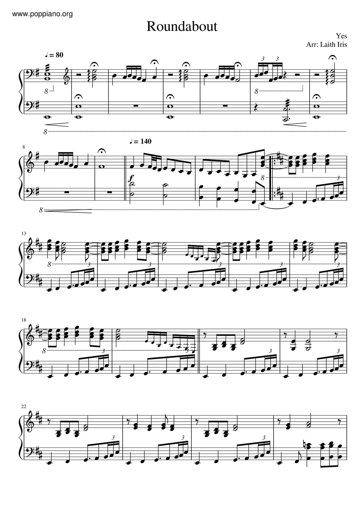 Roundabout Sheet Music | Yes | Piano Solo