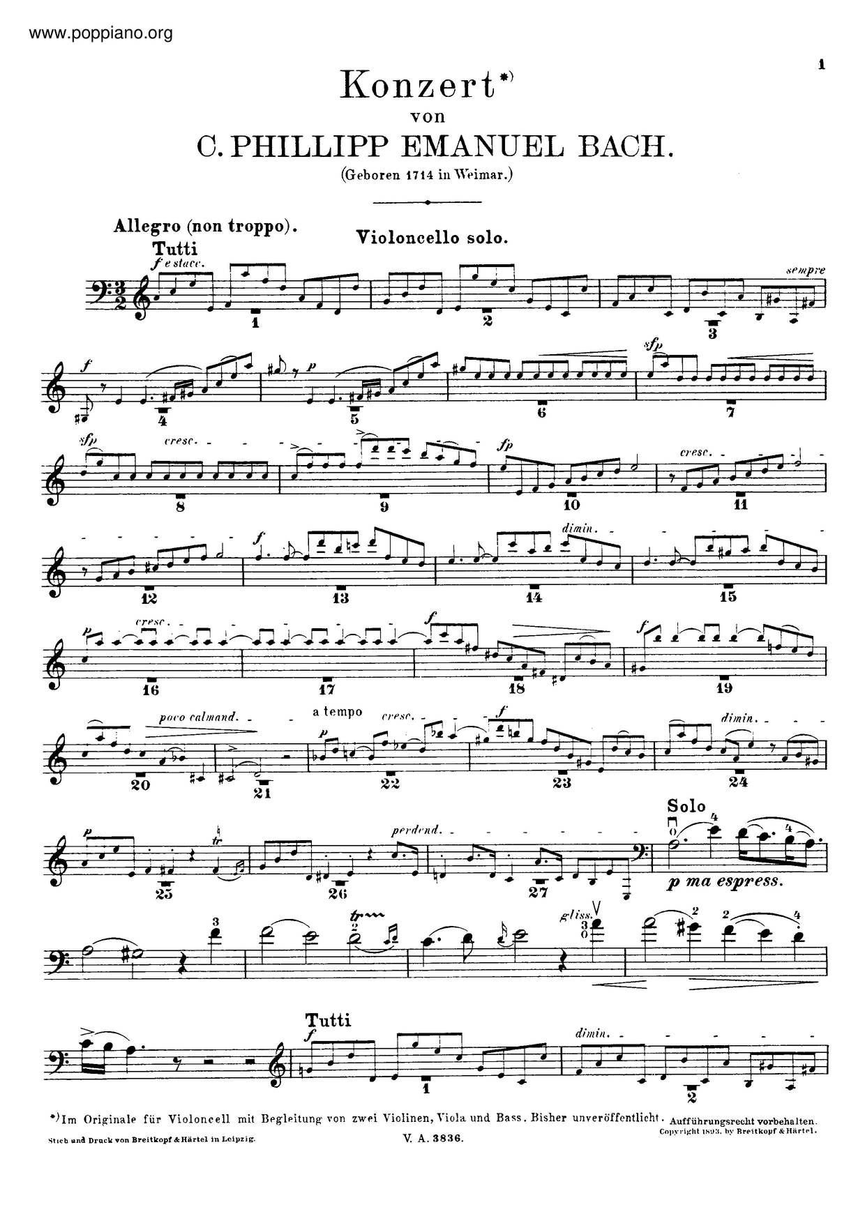 Cello Concerto In A Minor, H.432ピアノ譜
