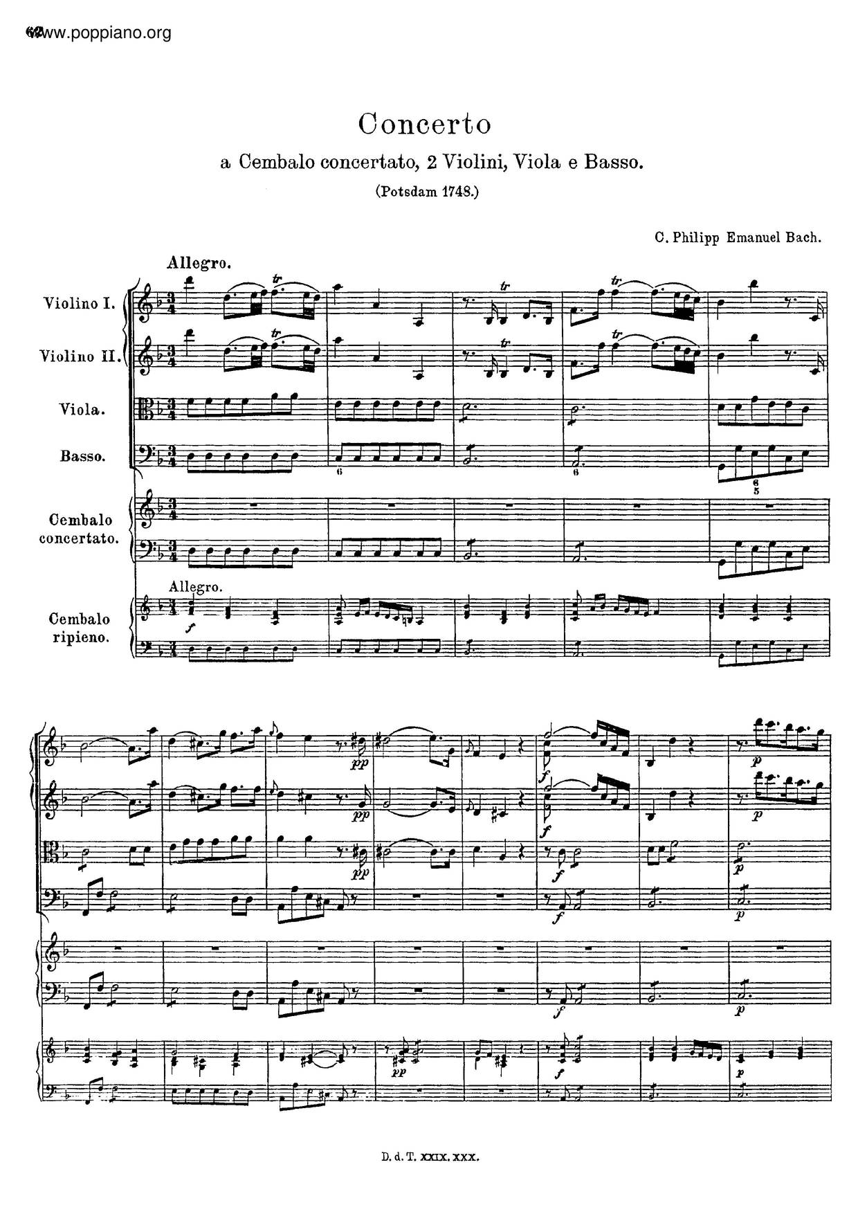 Harpsichord Concerto In D Minor, H.427ピアノ譜