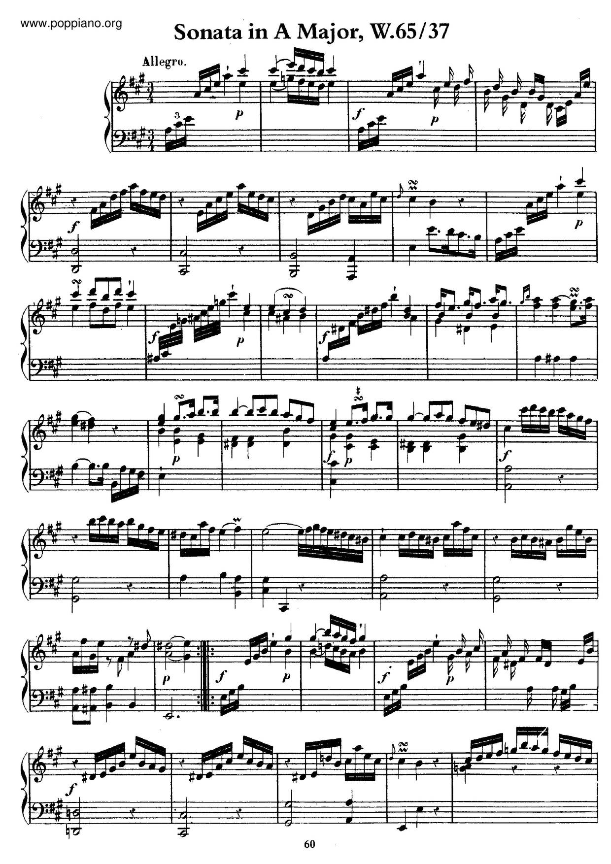 Keyboard Sonata In A Major, H.174ピアノ譜