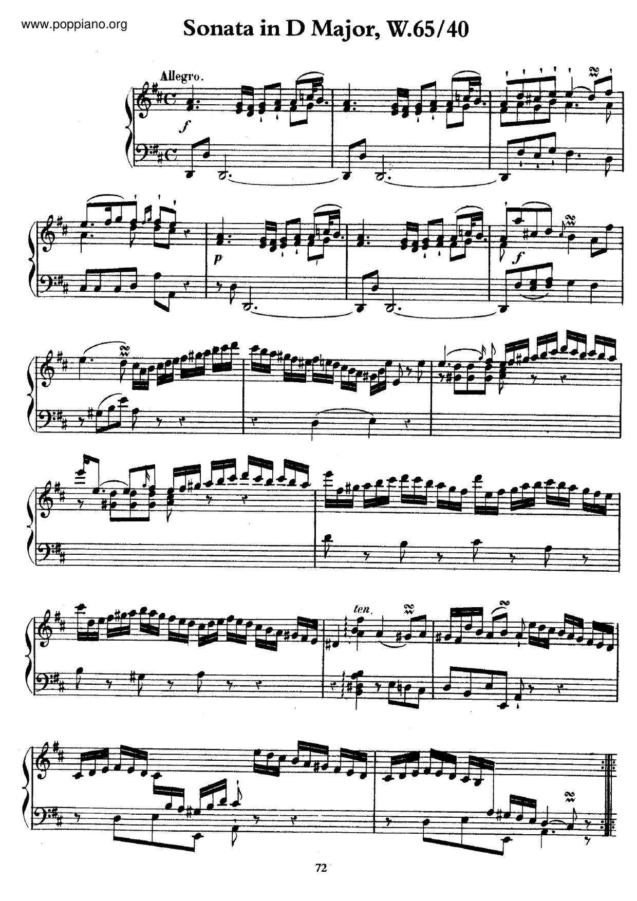 Keyboard Sonata In D Major, H.177ピアノ譜
