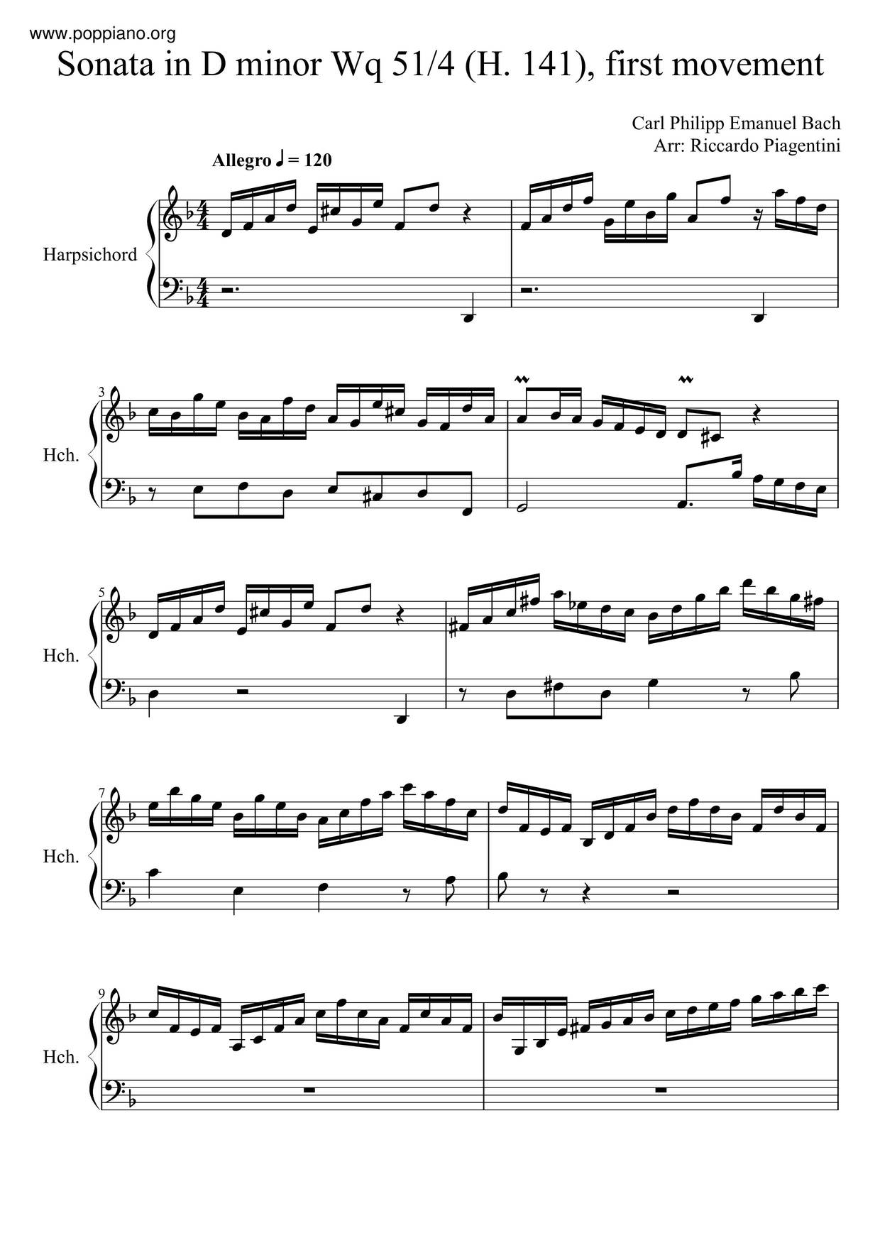 Keyboard Sonata In D Minor, H.128ピアノ譜