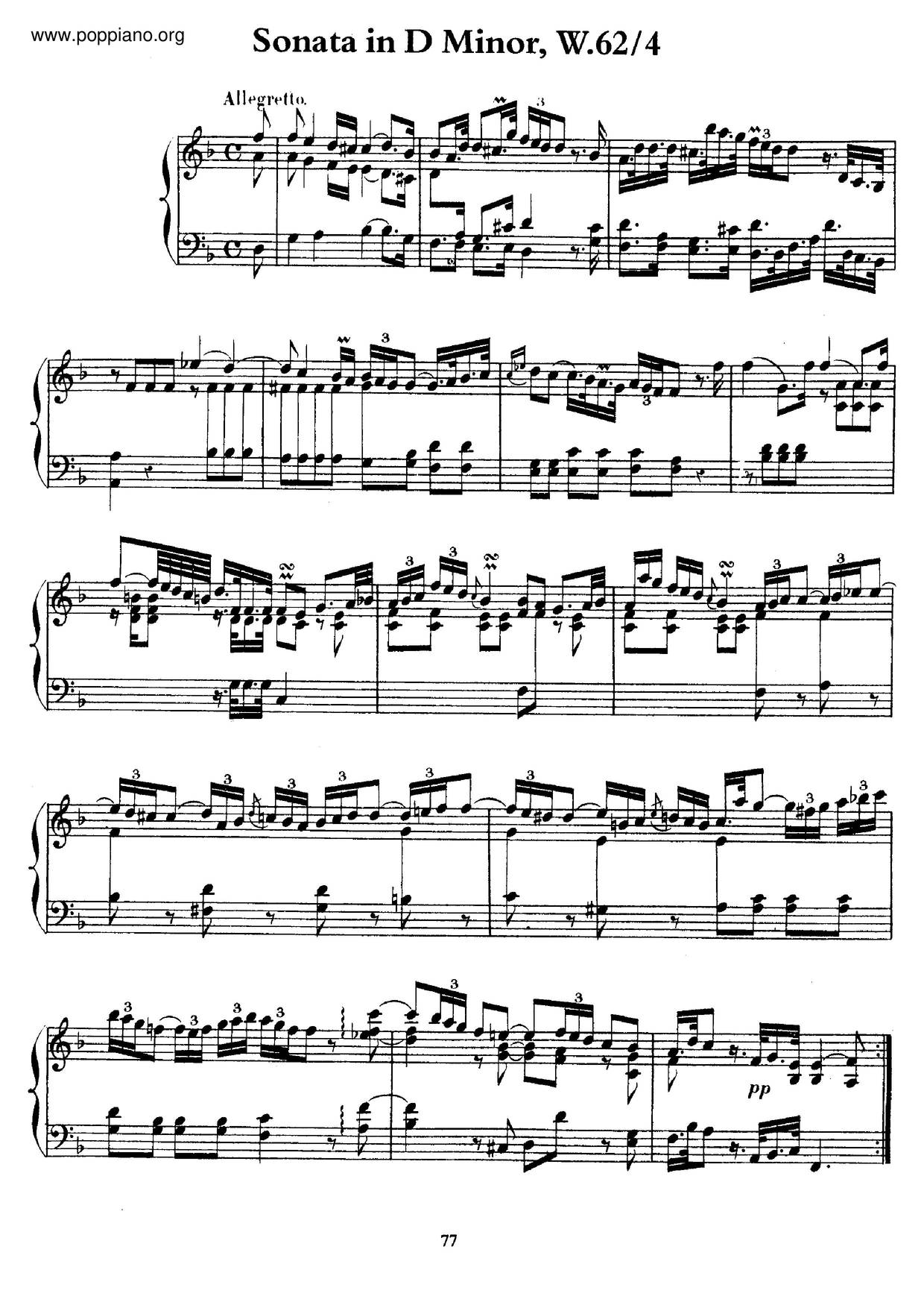 Keyboard Sonata In D Minor, H.38 Score
