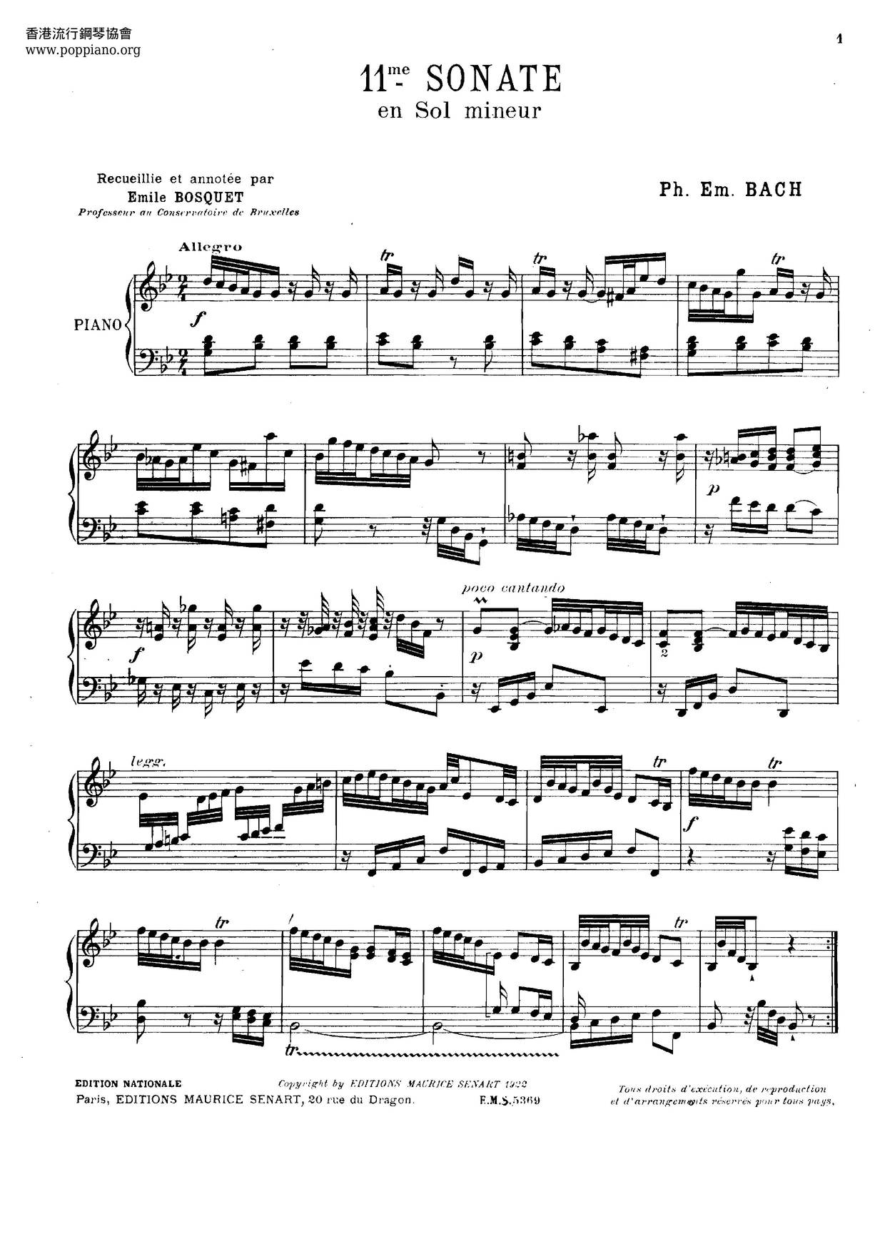 Keyboard Sonata In G Minor, H.21ピアノ譜