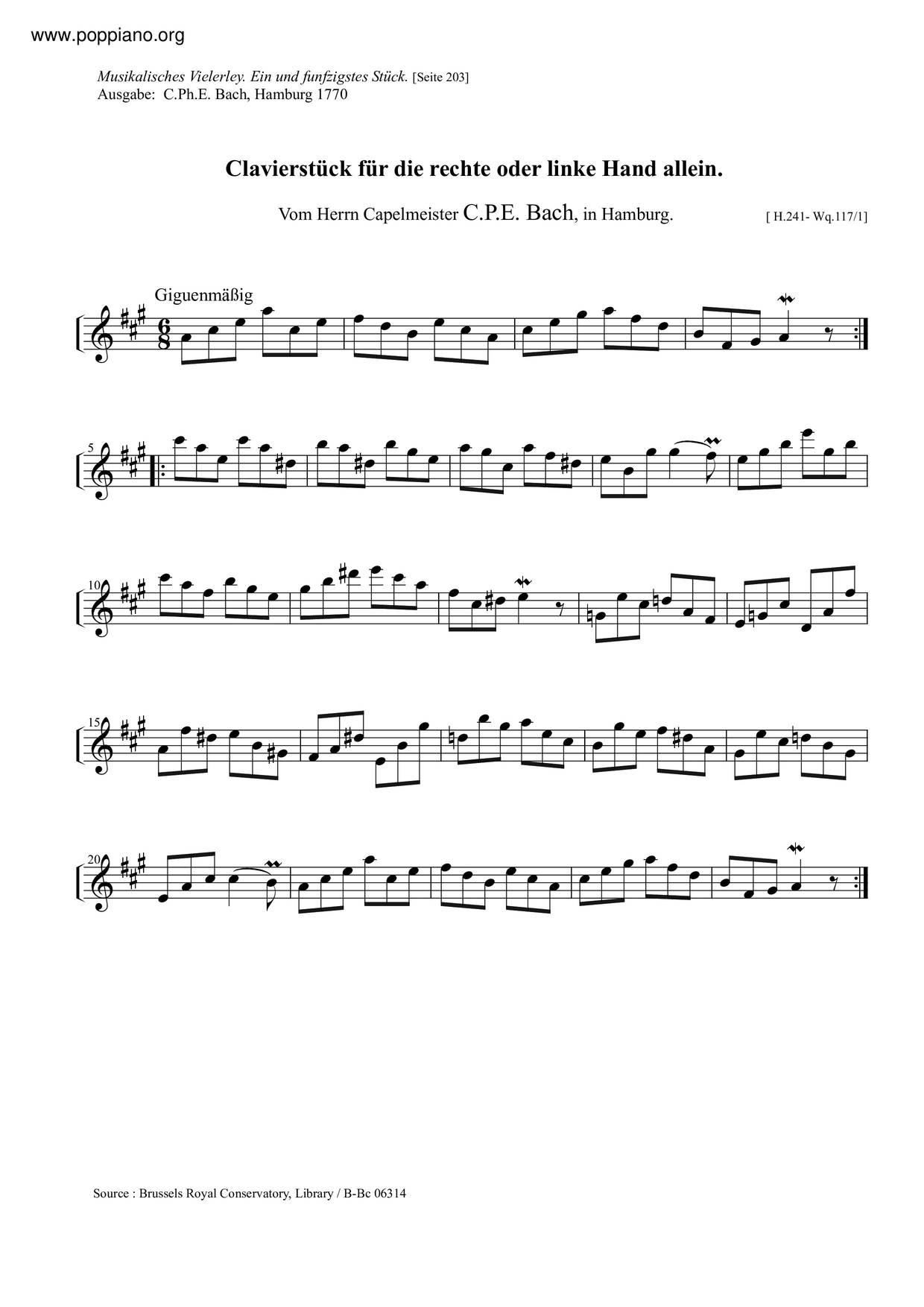 Clavierstück Für Die Rechte Oder Linke Hand Allein, H.241琴谱