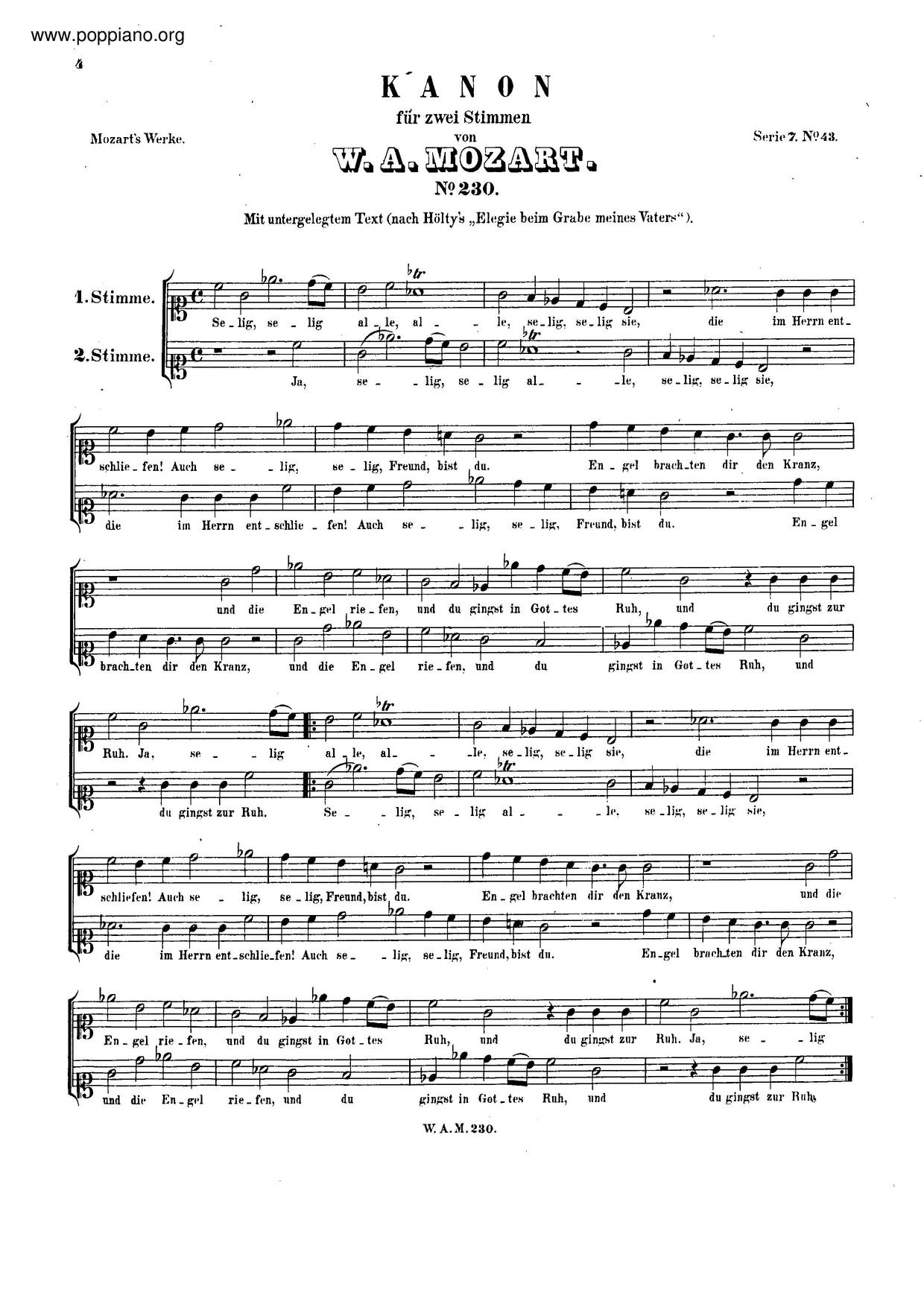 Canon For 2 Voices In C Minor, K. 230/382B Score