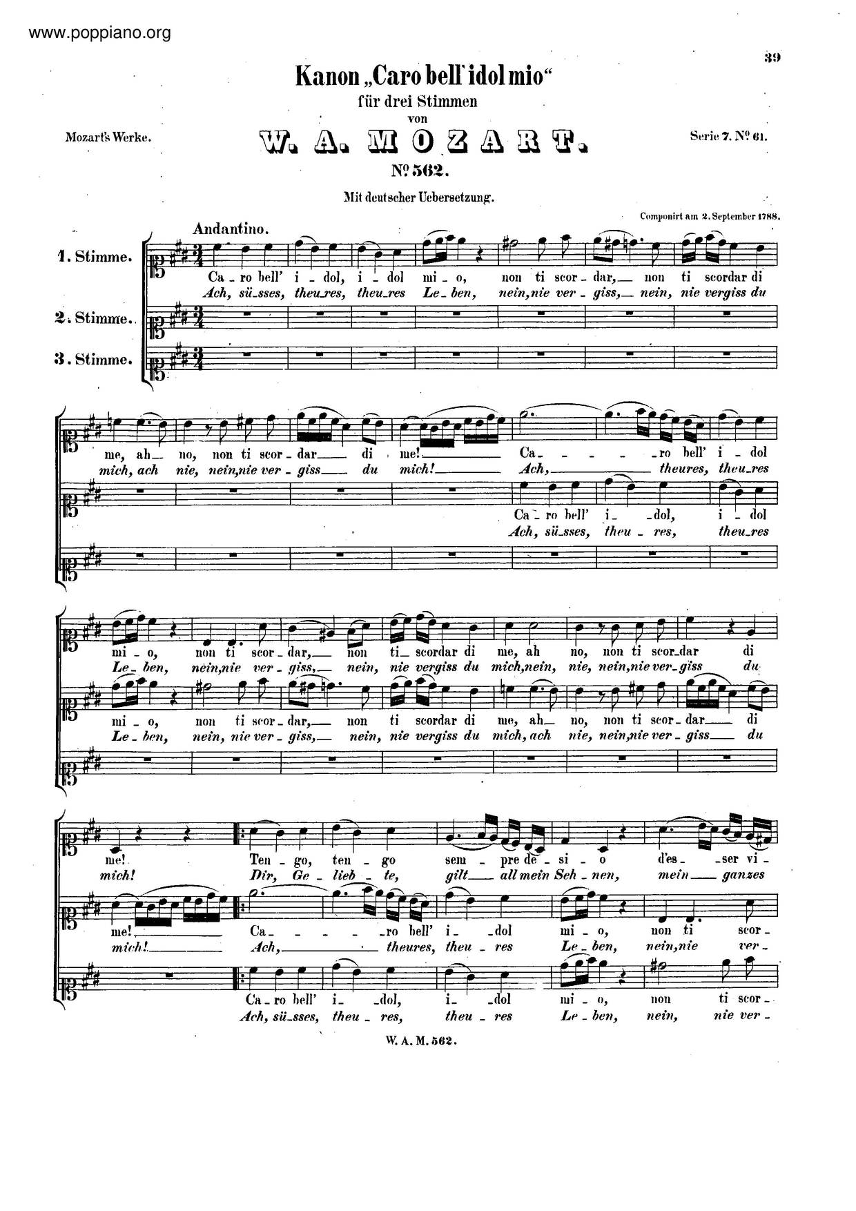 Canon For 3 Voices In A Major, K. 562 Score