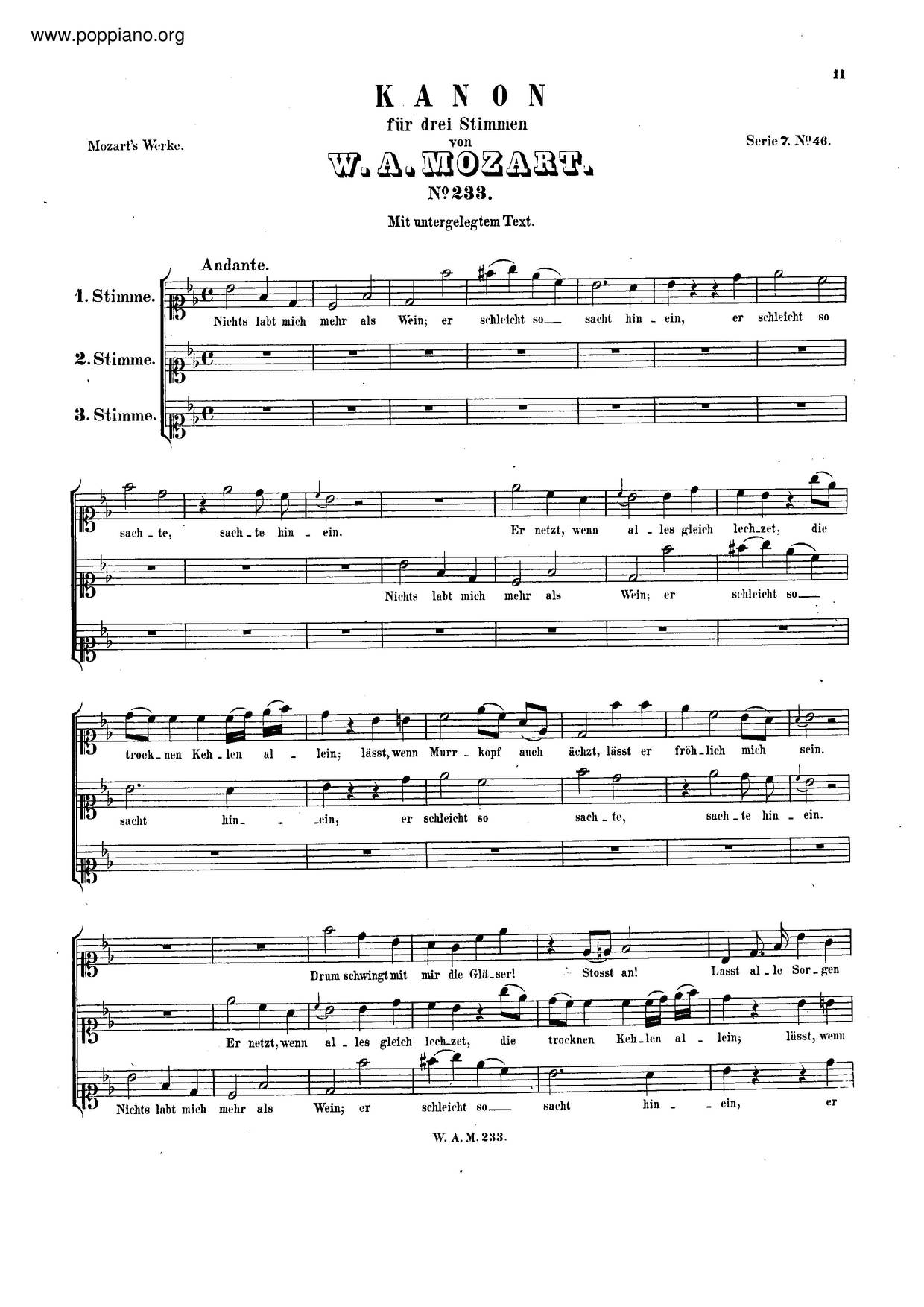 Canon For 3 Voices In B-Flat Major, K. 233/382D Score