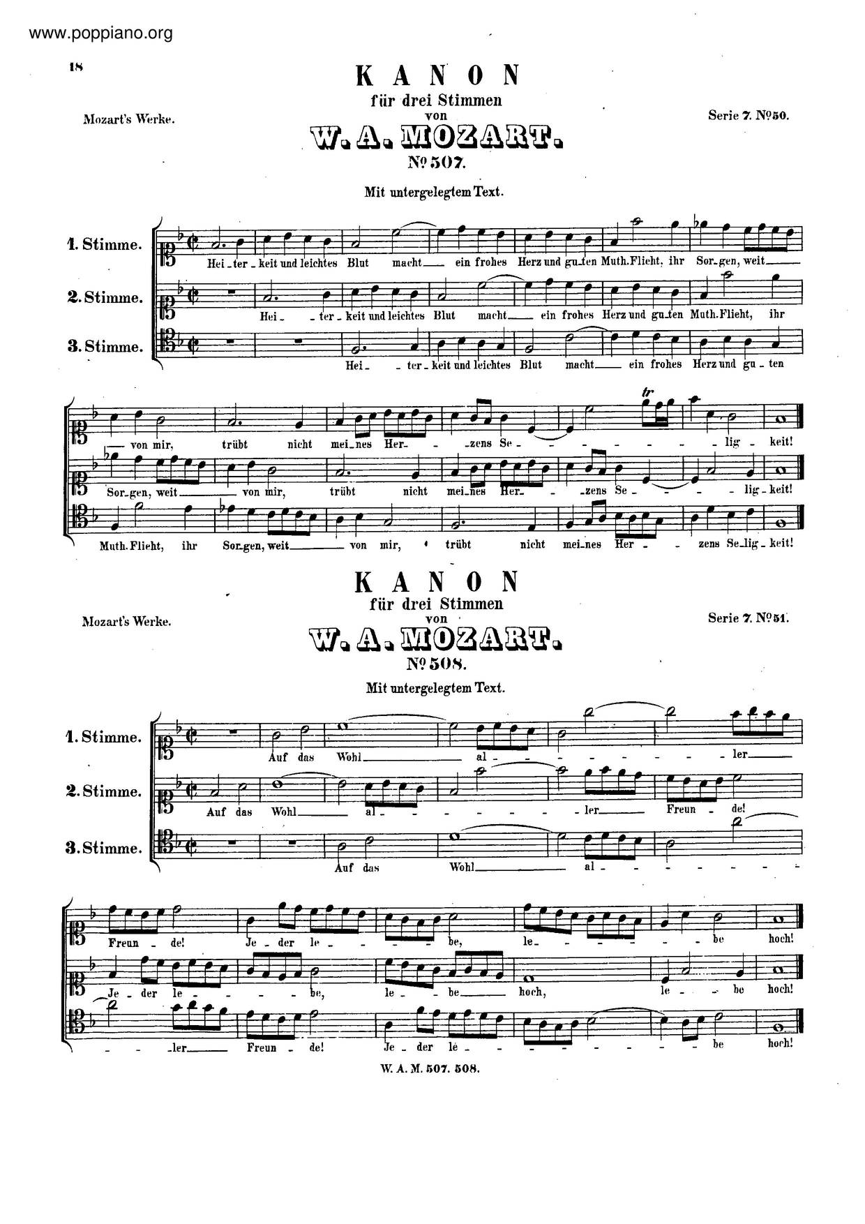 Canon For 3 Voices In F Major, K. 507 Score