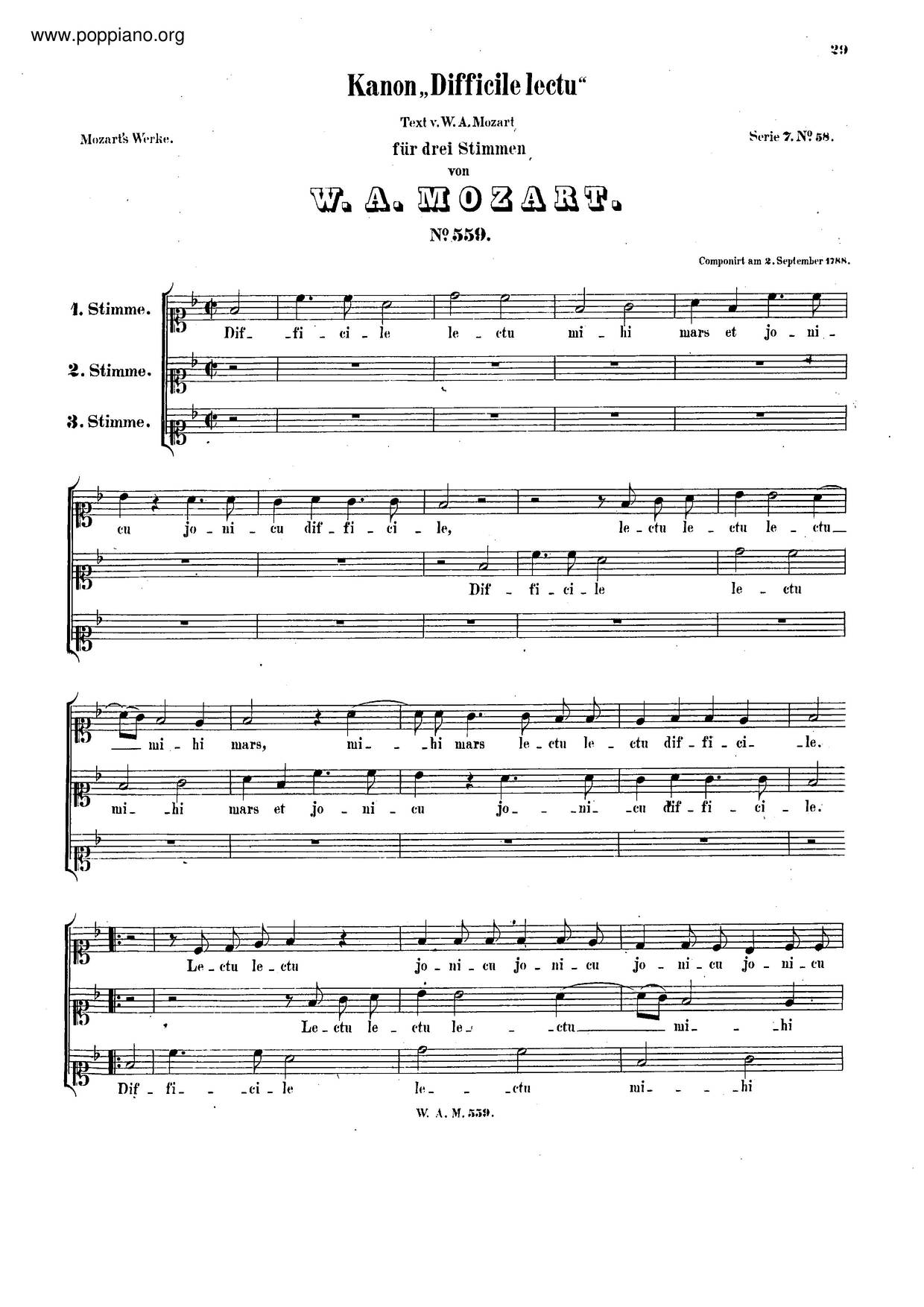Canon For 3 Voices In F Major, K. 559 Score