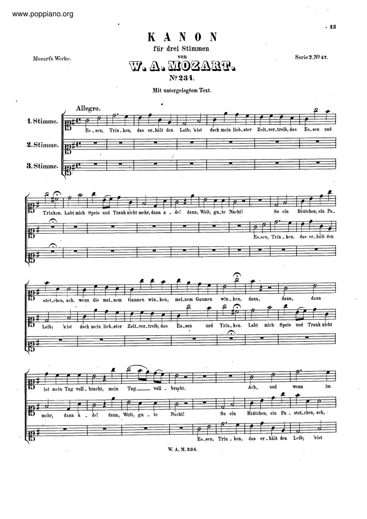 Canon For 3 Voices In G Major, K. 234/382E Score