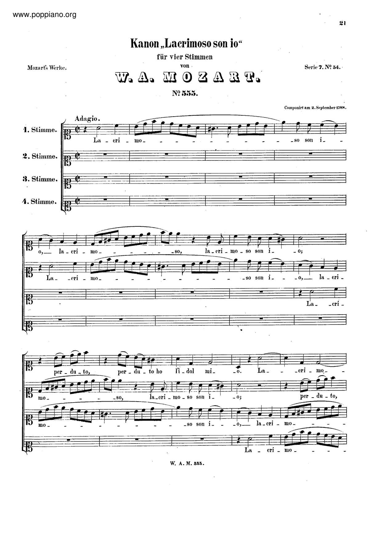 Canon For 4 Voices In A Minor, K. 555 Score