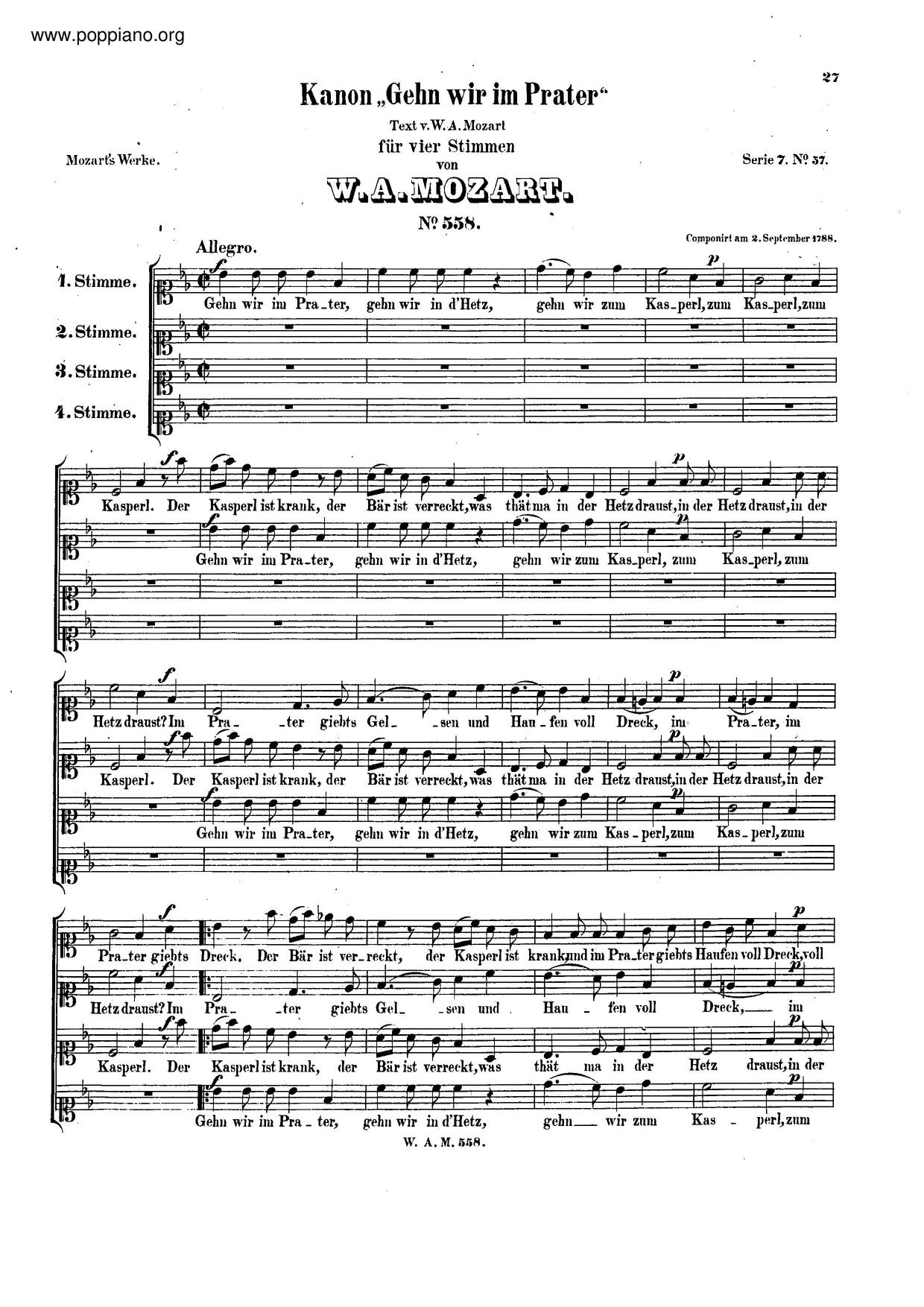 Canon For 4 Voices In B-Flat Major, K. 558ピアノ譜