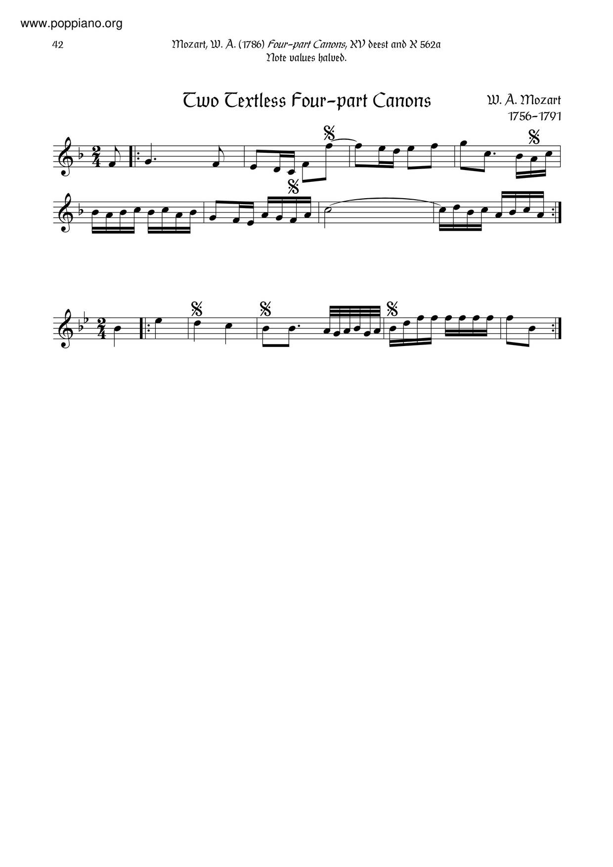 Canon For 4 Voices In B-Flat Major, K. 562Aピアノ譜