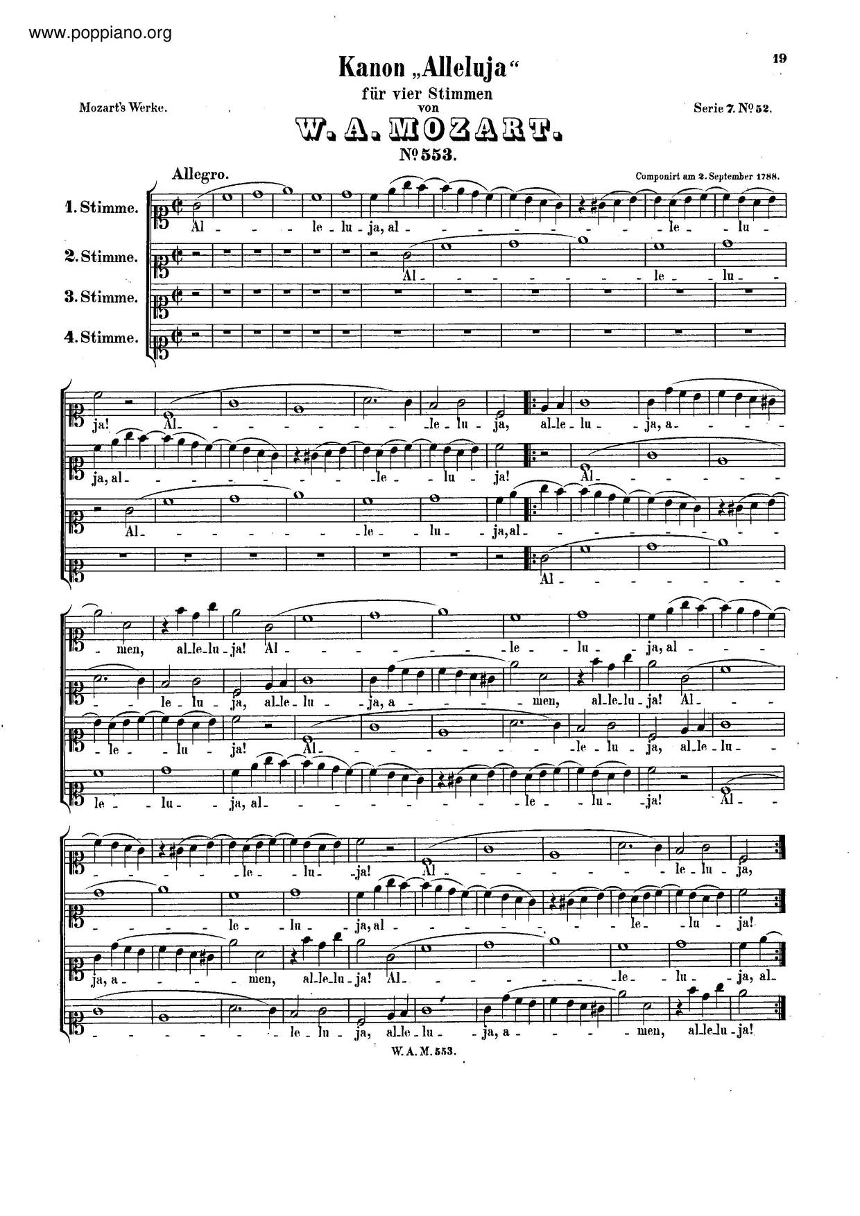 Canon For 4 Voices In C Major, K. 553 Score