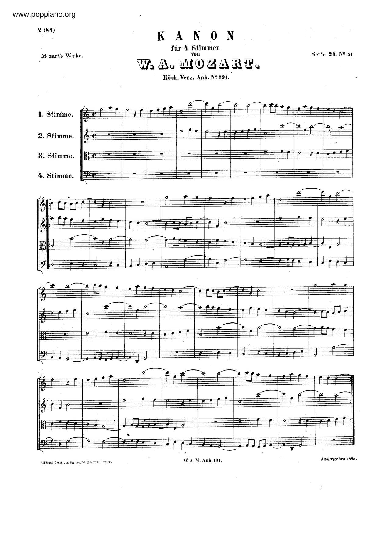 Canon For 4 Voices In C Major, K. Anh. 191/562C Score