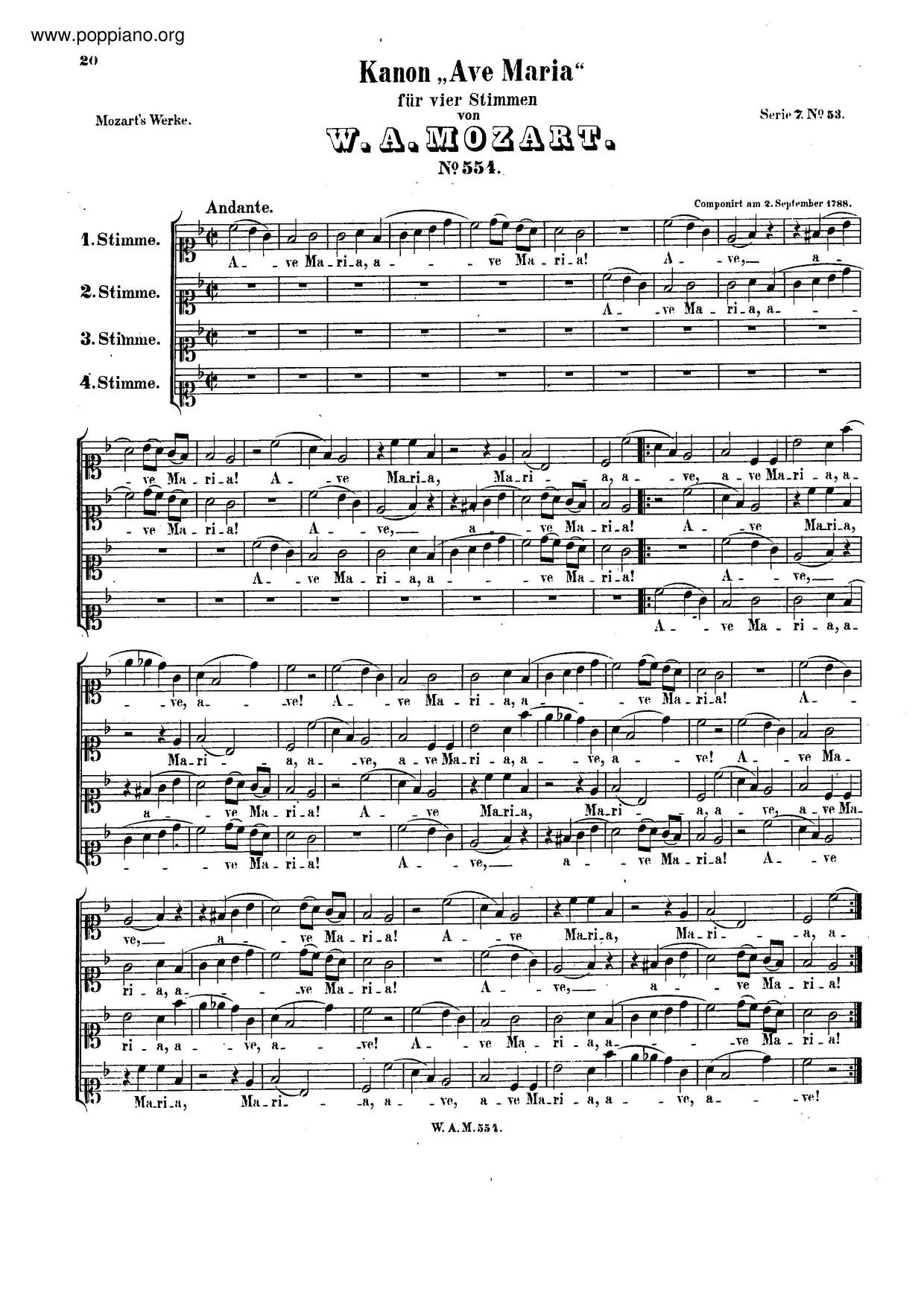 Canon For 4 Voices In F Major, K. 554ピアノ譜