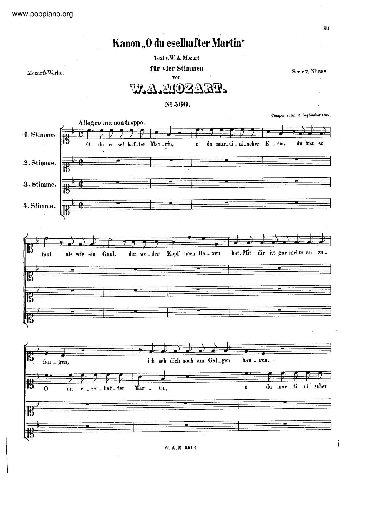 Canon For 4 Voices In F Major, K. 560 Score