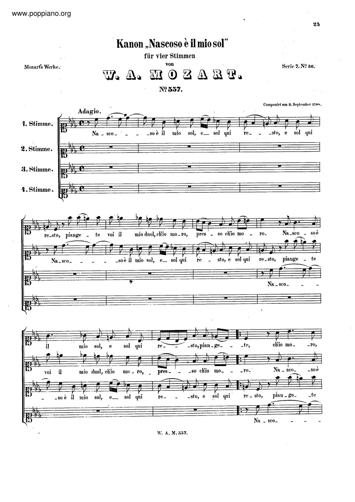 Canon For 4 Voices In F Minor, K. 557ピアノ譜