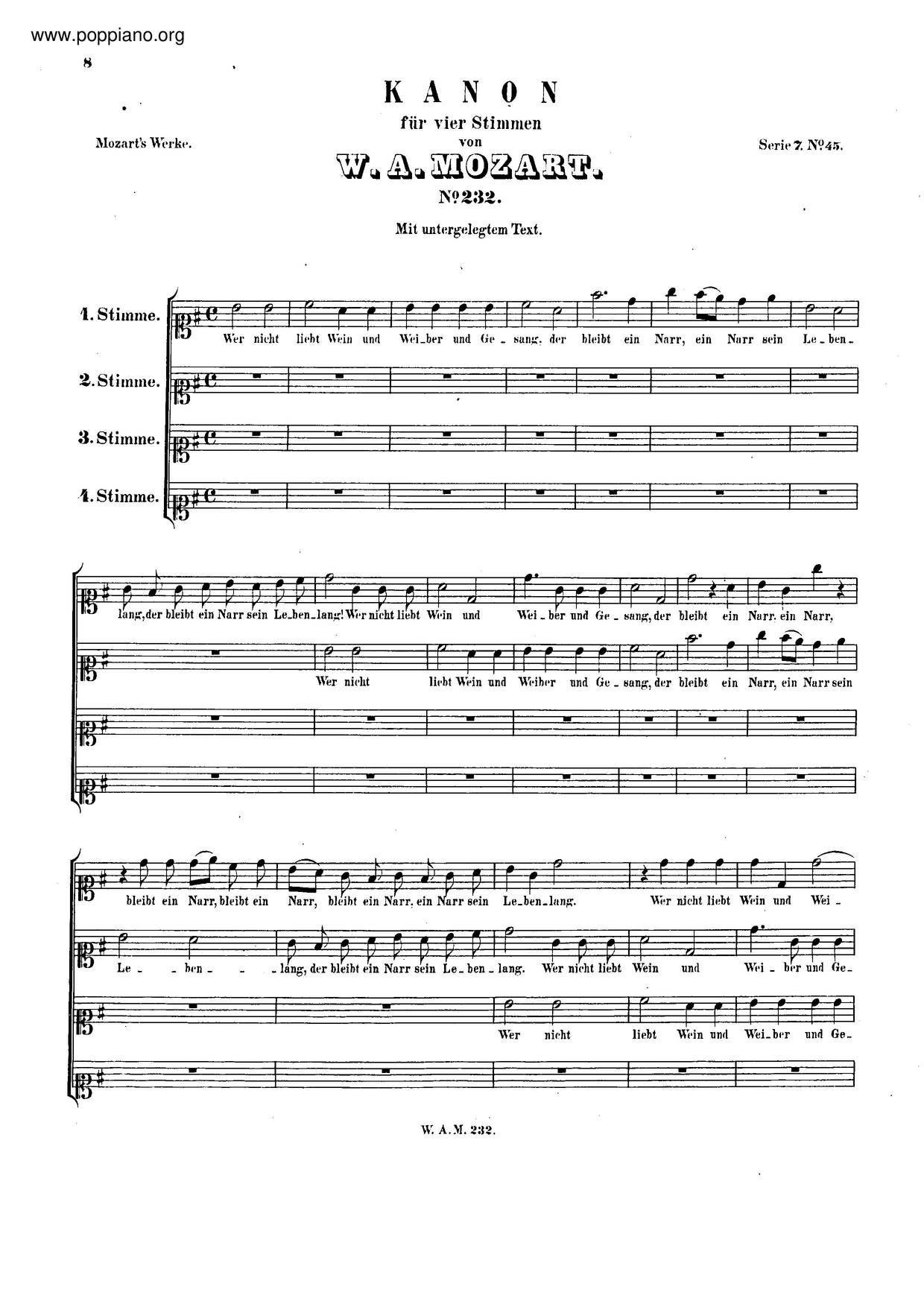 Canon For 4 Voices In G Major, K. 232/509A Score