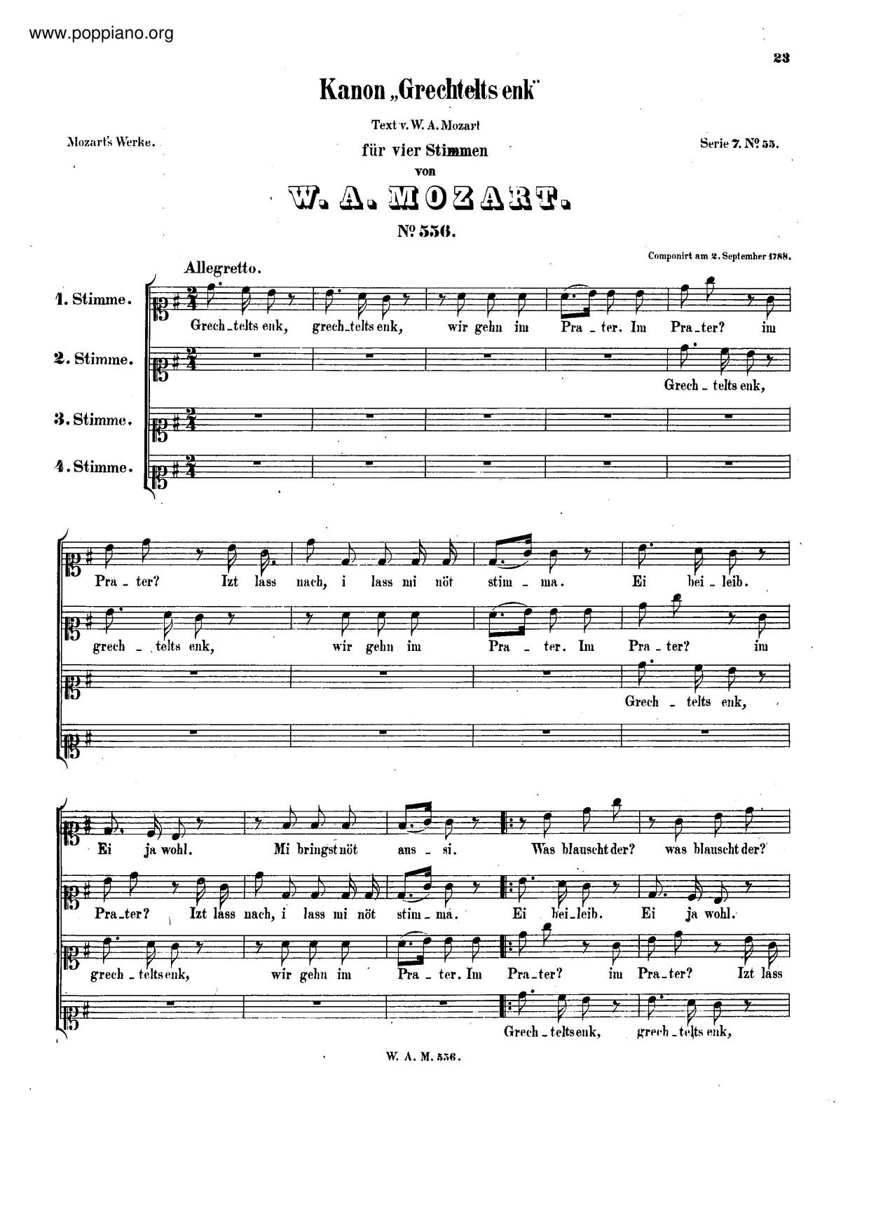 Canon For 4 Voices In G Major, K. 556 Score