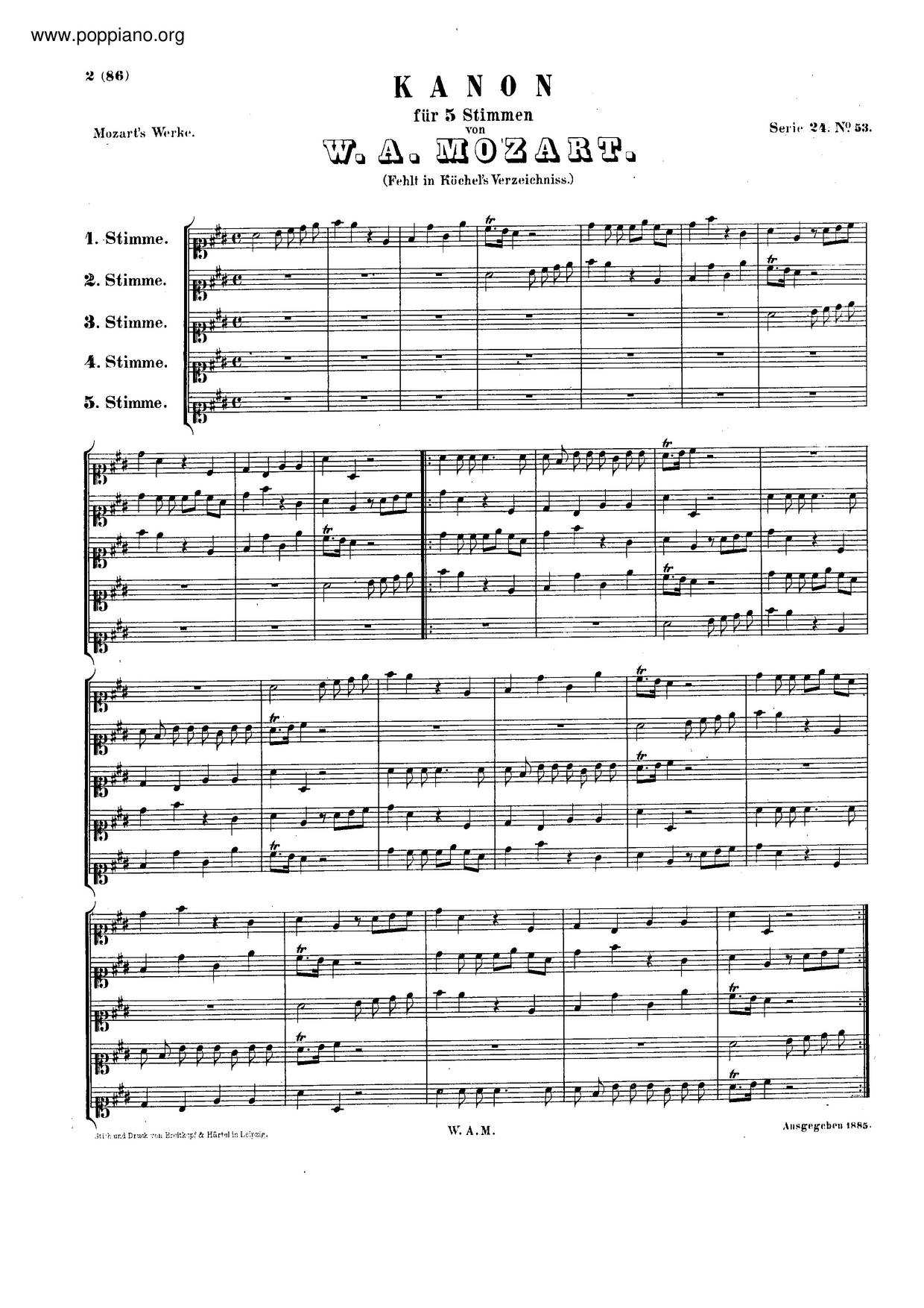 Canon For 5 Voices In A Major, K. 73I Score