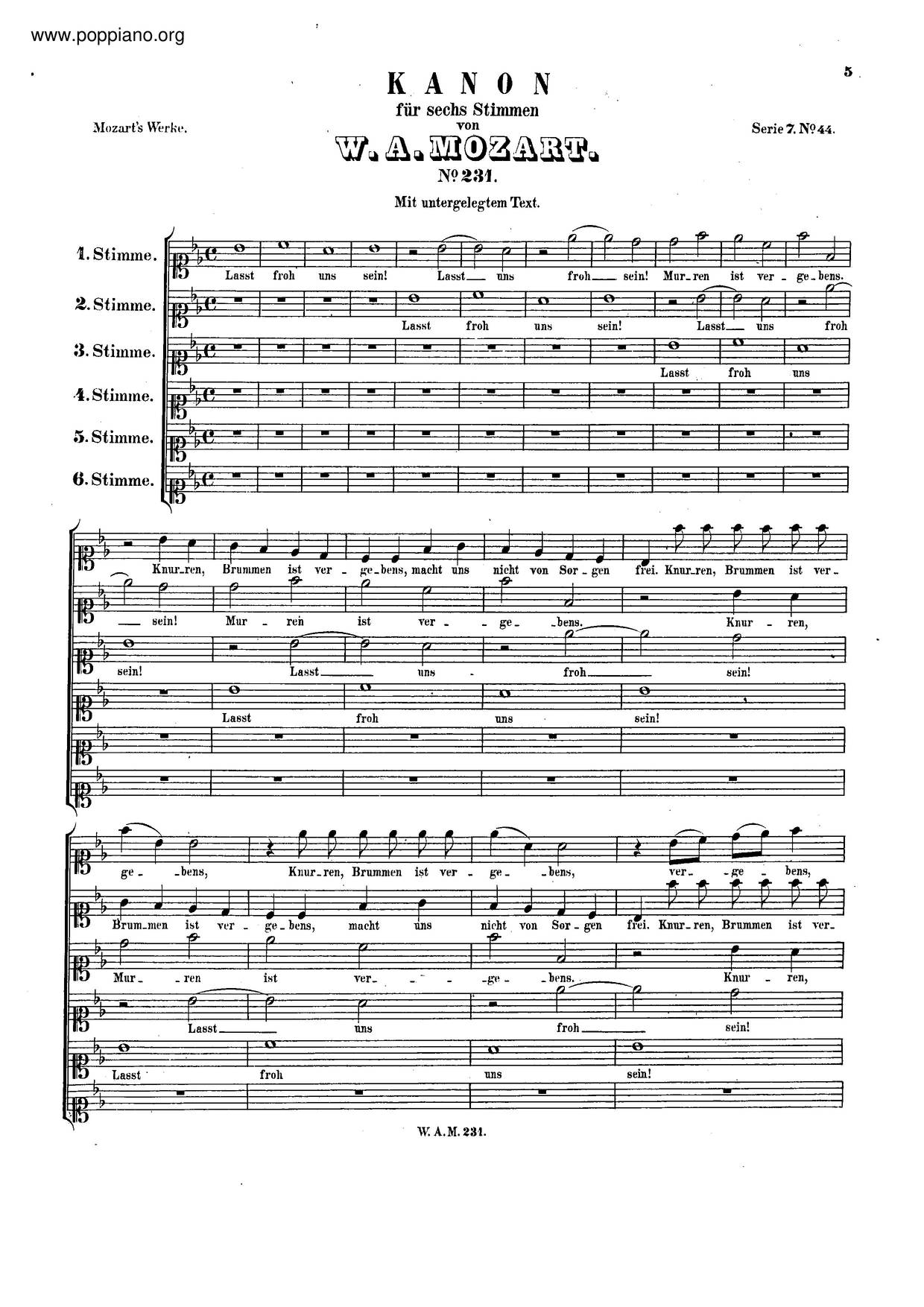 Canon For 6 Voices In B-Flat Major, K. 231/382C Score