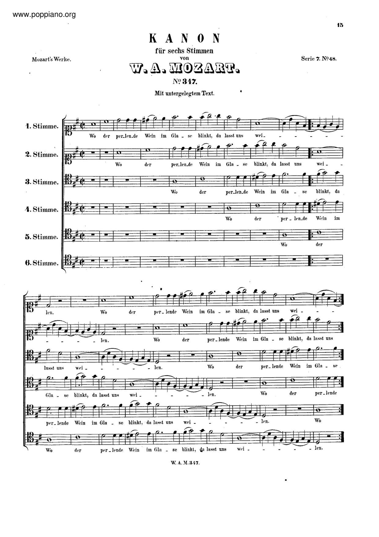 Canon For 6 Voices In D Major, K. 347/382F Score