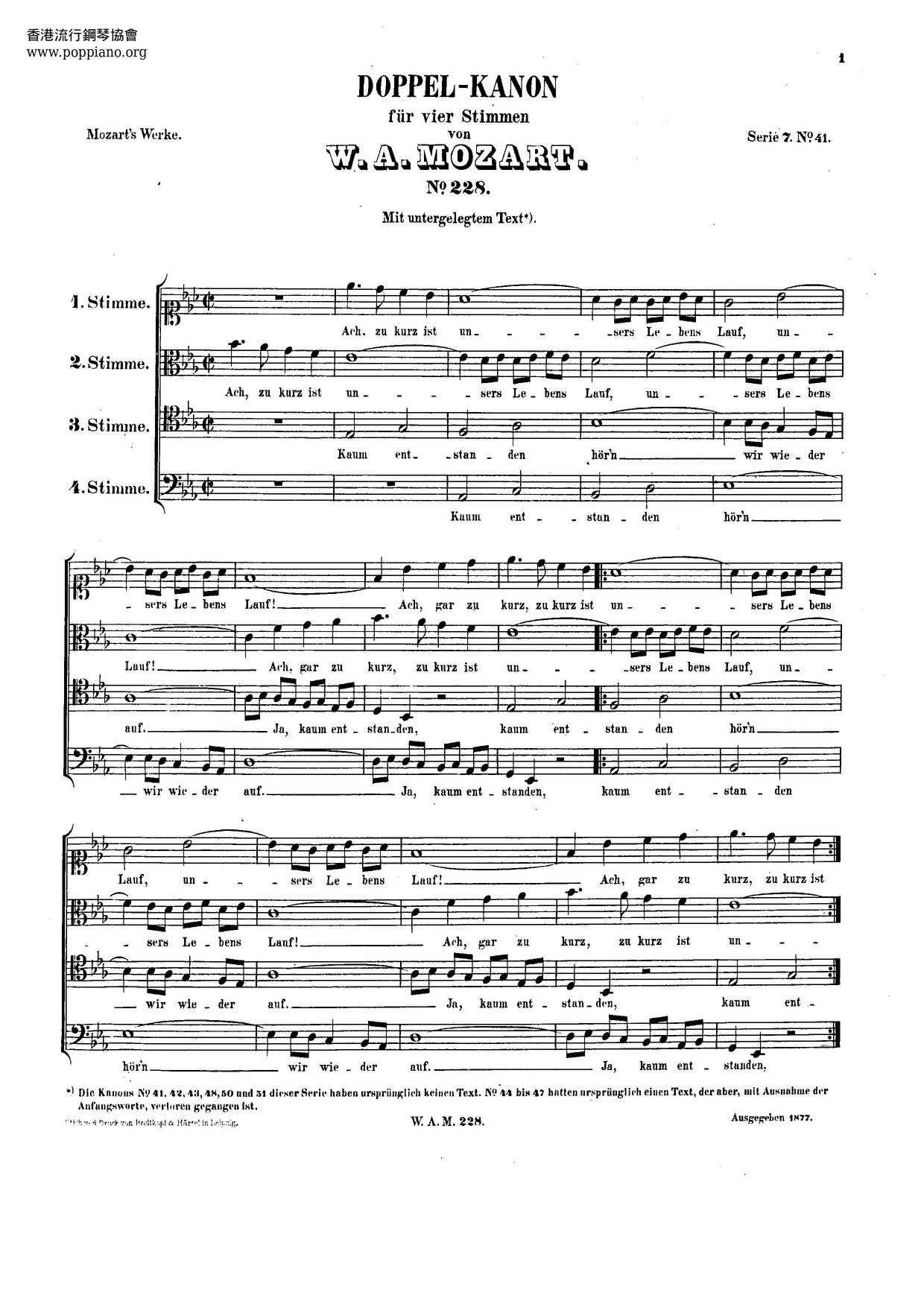 Double Canon For 4 Voices, K. 228/515B Score