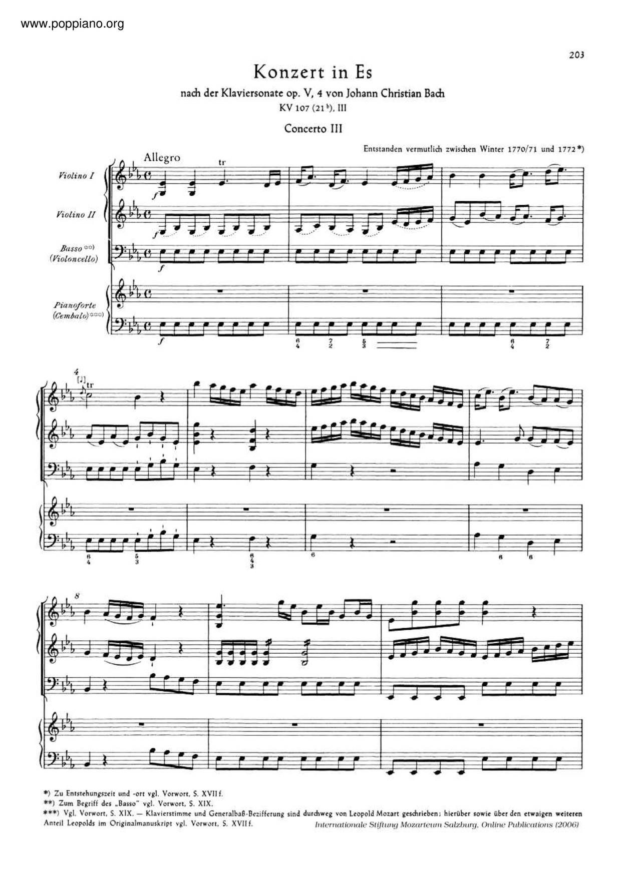 3 Piano Concertos After Jc Bach, K. 107ピアノ譜