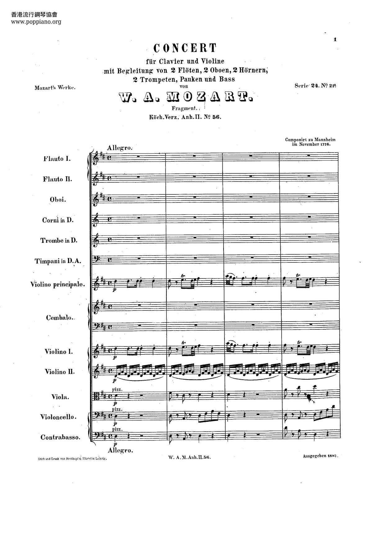 Concerto For Violin And Piano, K. Anh. 56 Score