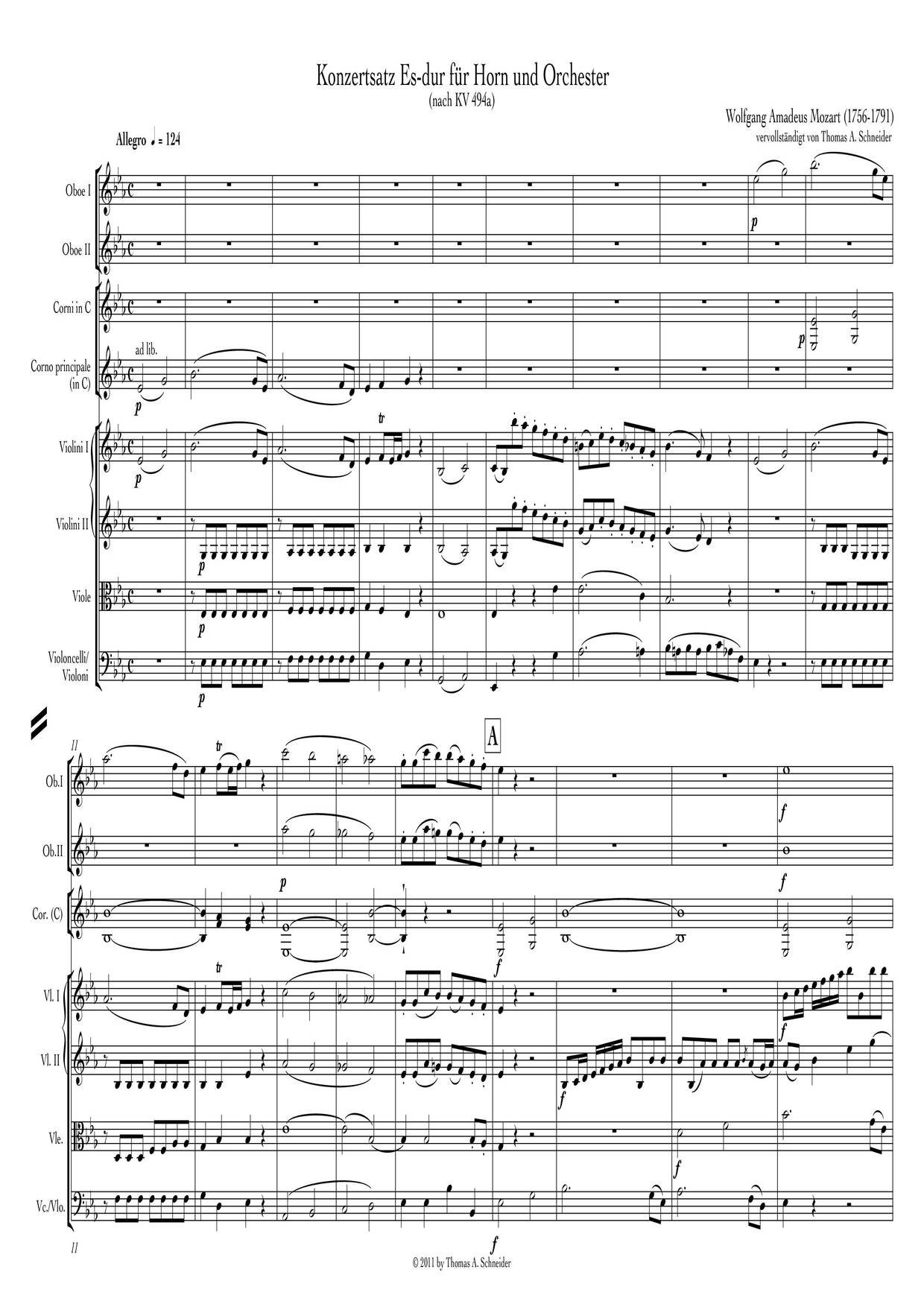 Horn Concerto In E Major, K. 494A Score