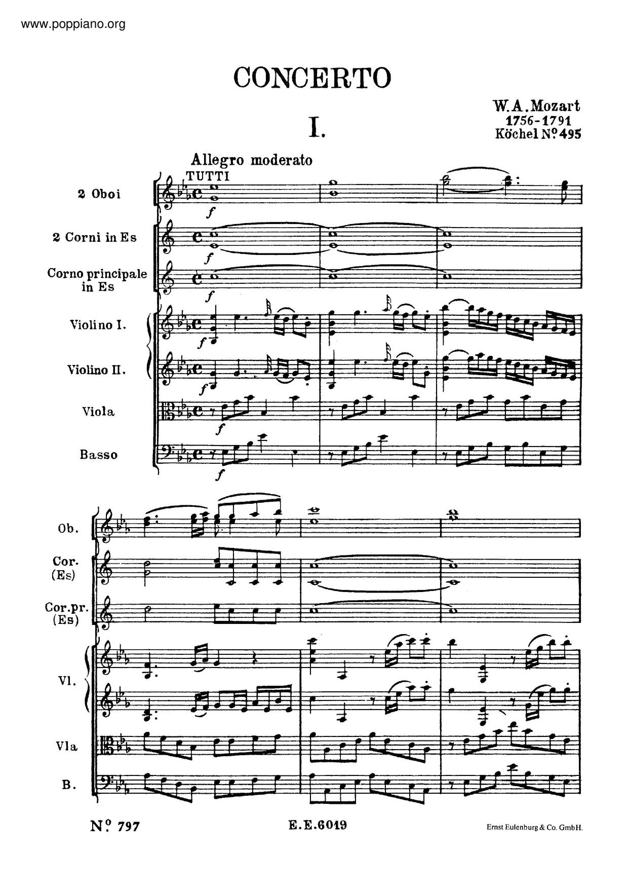Horn Concerto In E-Flat Major, K. 495琴谱