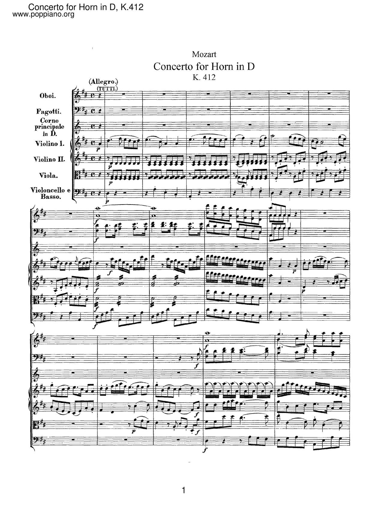 Horn Concerto No. 1 In D Major, K. 412, 514 Score