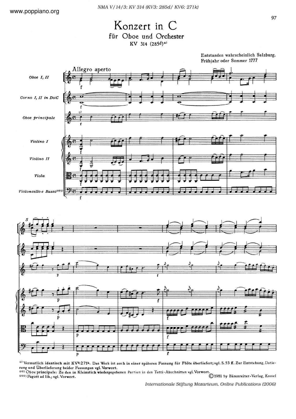 Oboe Concerto In C Major, K. 314/271Kピアノ譜