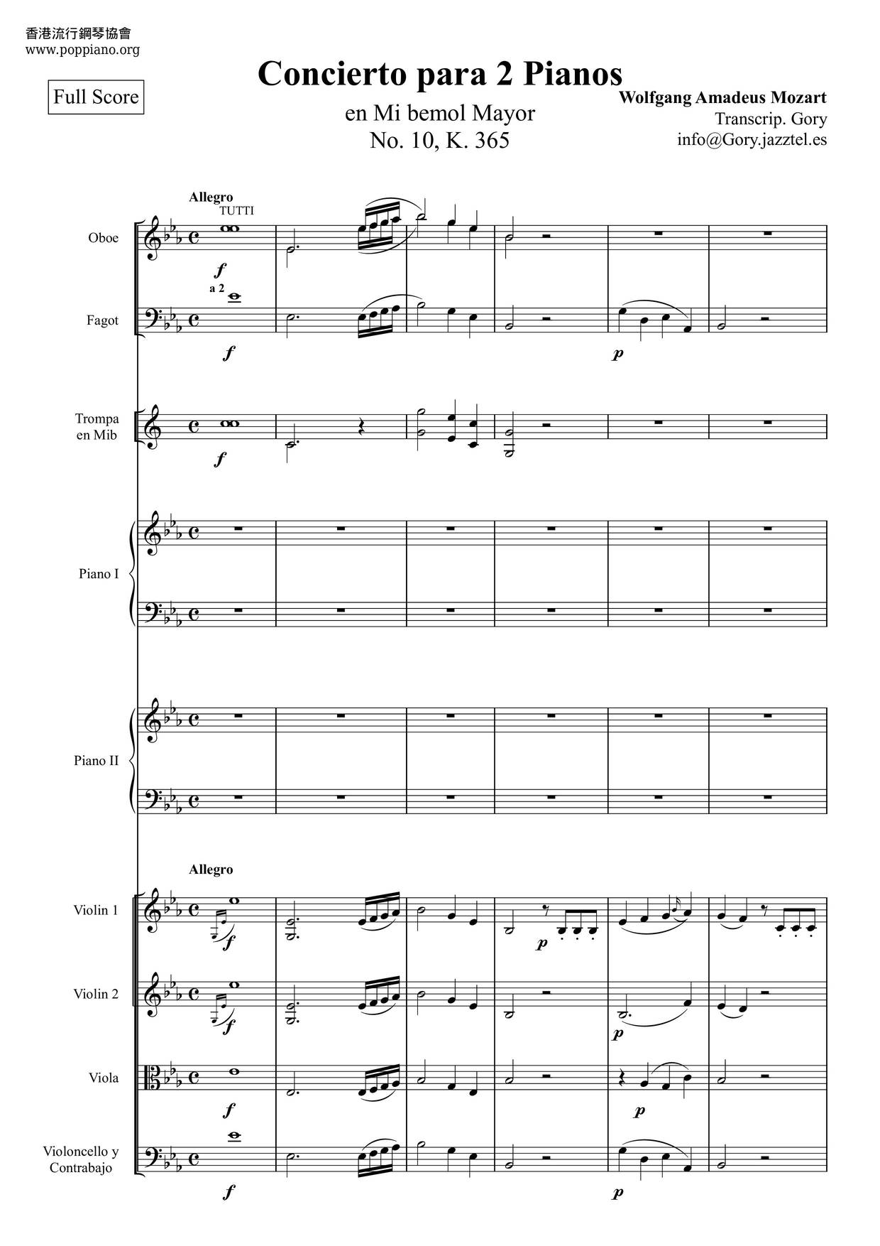 Piano Concerto No. 10 In E-Flat Major, K. 365/316A Score