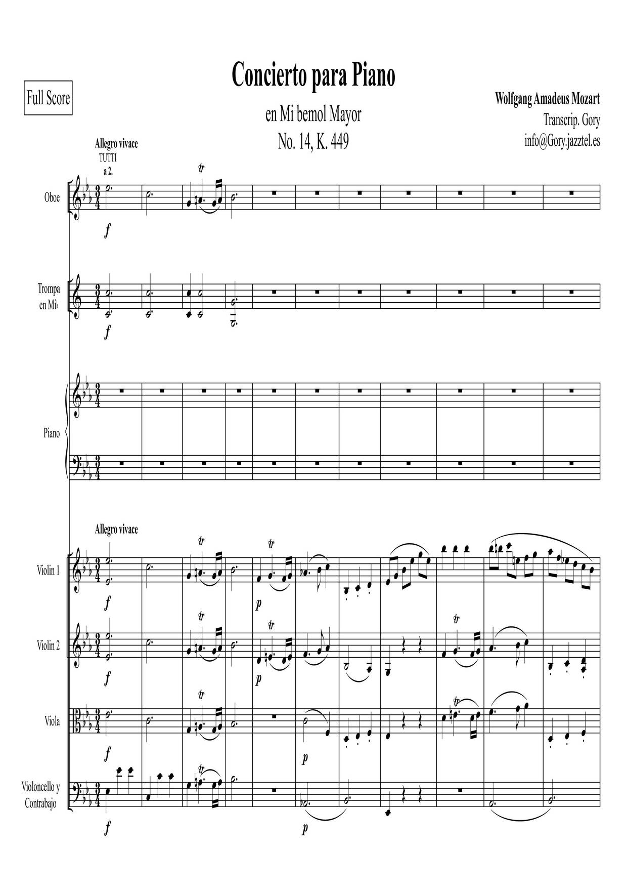 Piano Concerto No. 14 In E-Flat Major, K. 449 Score