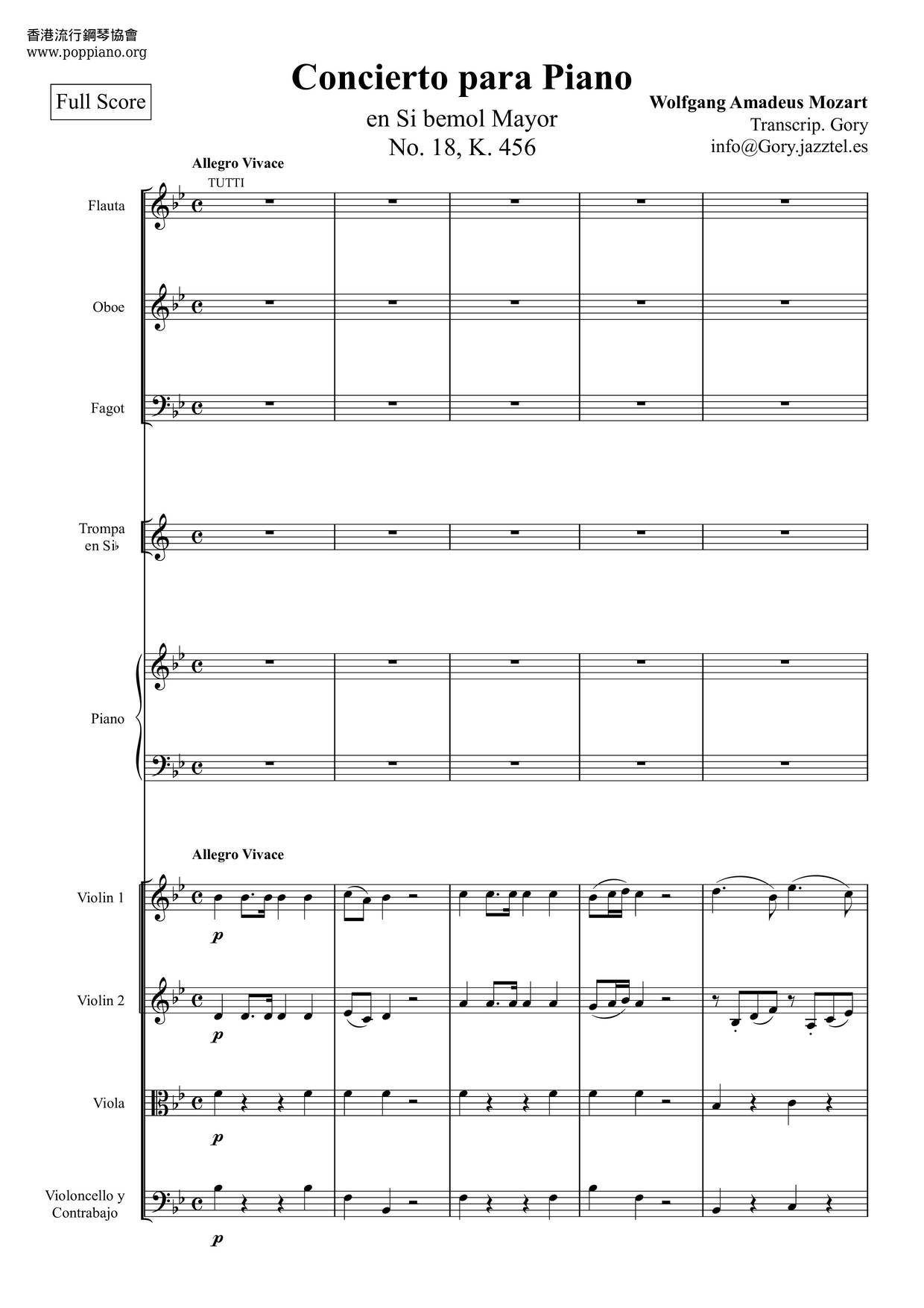 Piano Concerto No. 18 In B-Flat Major, K. 456琴譜