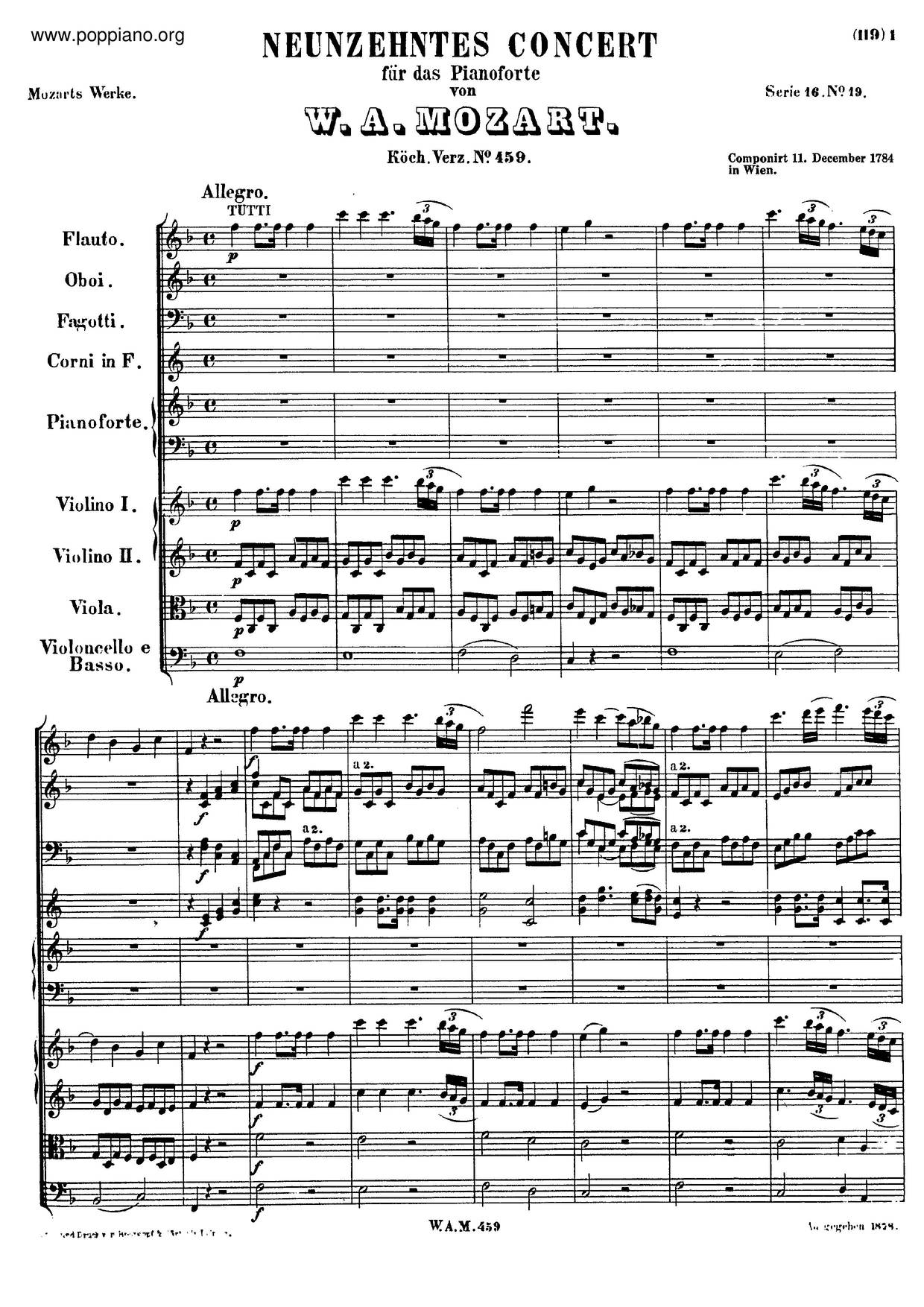 Piano Concerto No. 19 In F Major, K. 459琴谱