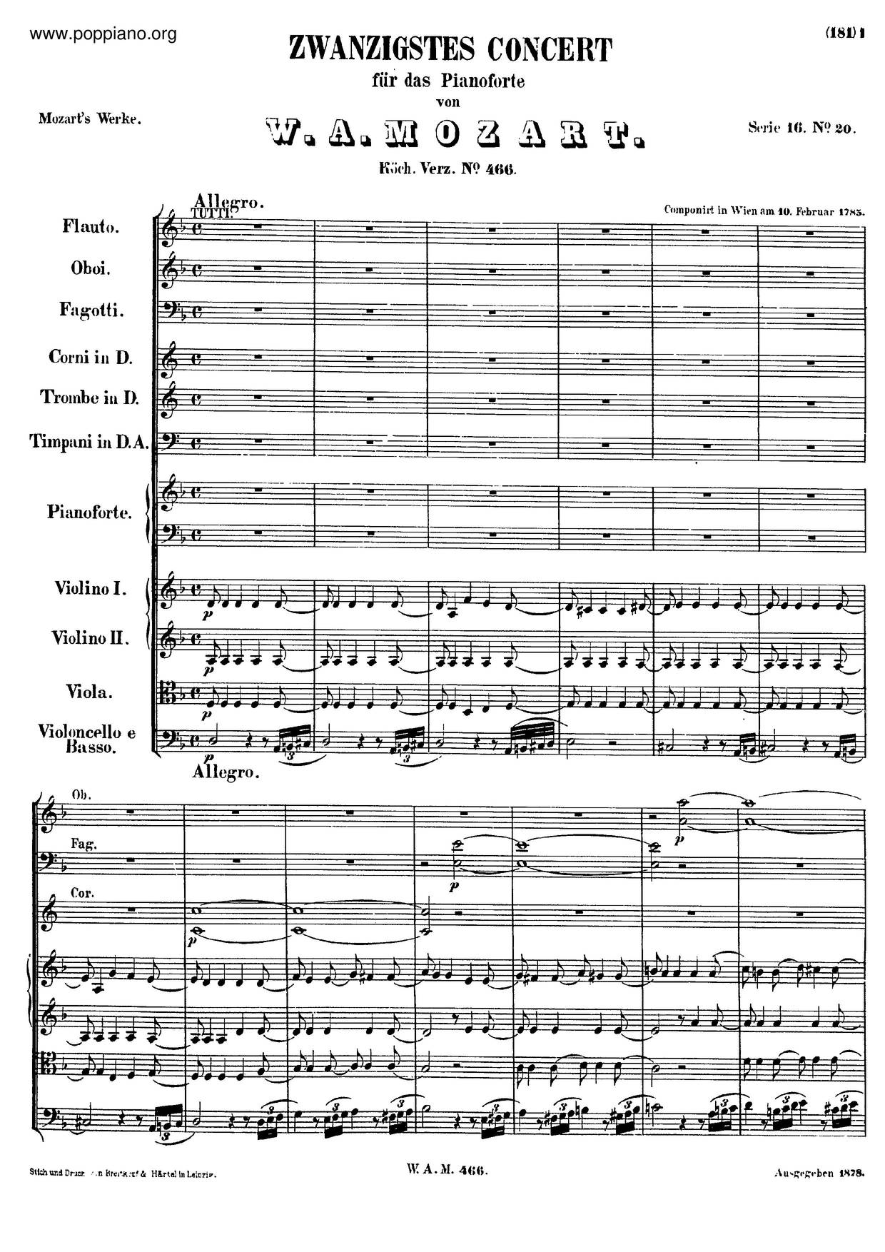 Piano Concerto No. 20 In D Minor, K. 466琴譜